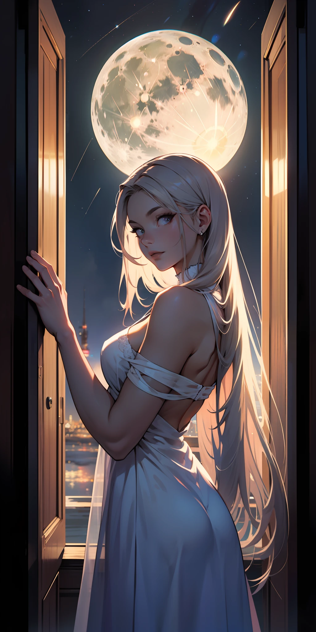 Best possible quality, (ultra resolution 8k),the most beautiful girl, the most beautiful, long hair, serene look, looking through the window,full moon,firmament, silk dress