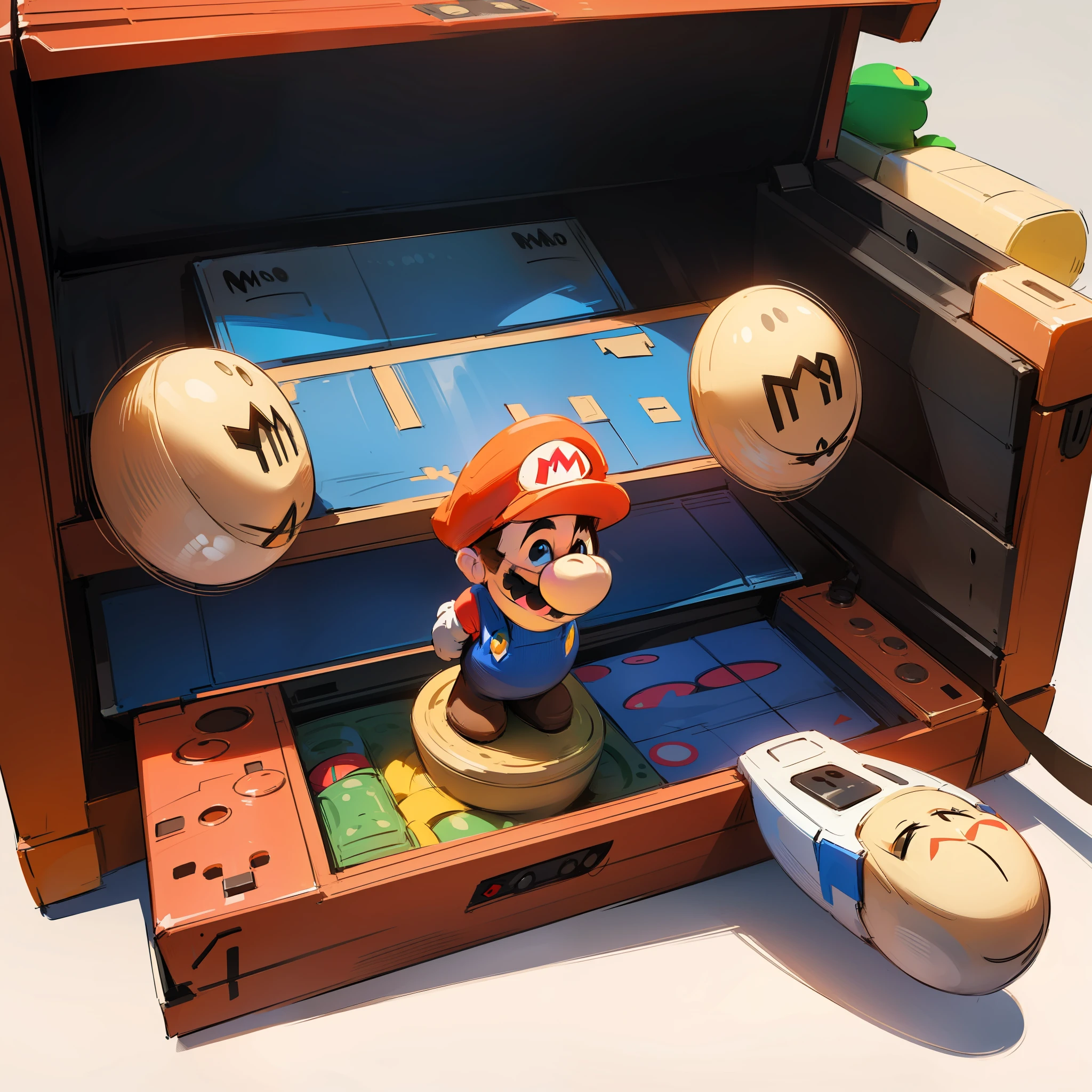 (nintendo super mario bros:1.5), toy, doll, character print, (best quality:1.15), (masterpiece:1.15), (detailed:1.15), (realistic:1.2), (intricate:1.4), simple background, cover page, card, in a gift box,no humans, inboxDollPlaySetQuiron style, abs, gift box, playset, in a box, full body, toy playset pack, in a gift box, premium playset toy box, --auto