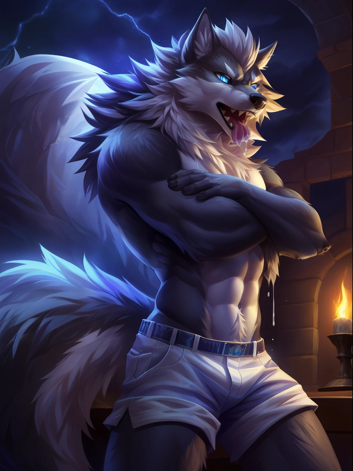 Correct anatomy, furry, furry, wolf (Abinus), male, wolf nose, one blue eyes and one red, cute, black skin, large wolf tail, fluffy gray hair))). Bare body, white shorts, rough slits, (milk), splashed on body (full body), saliva, extremely detailed art, tesudo, gorgeous colors, professional photos, various angles, detailed landscapes, hdt, tinta, dark light, more alluring settings, ultra 8k, HDR.