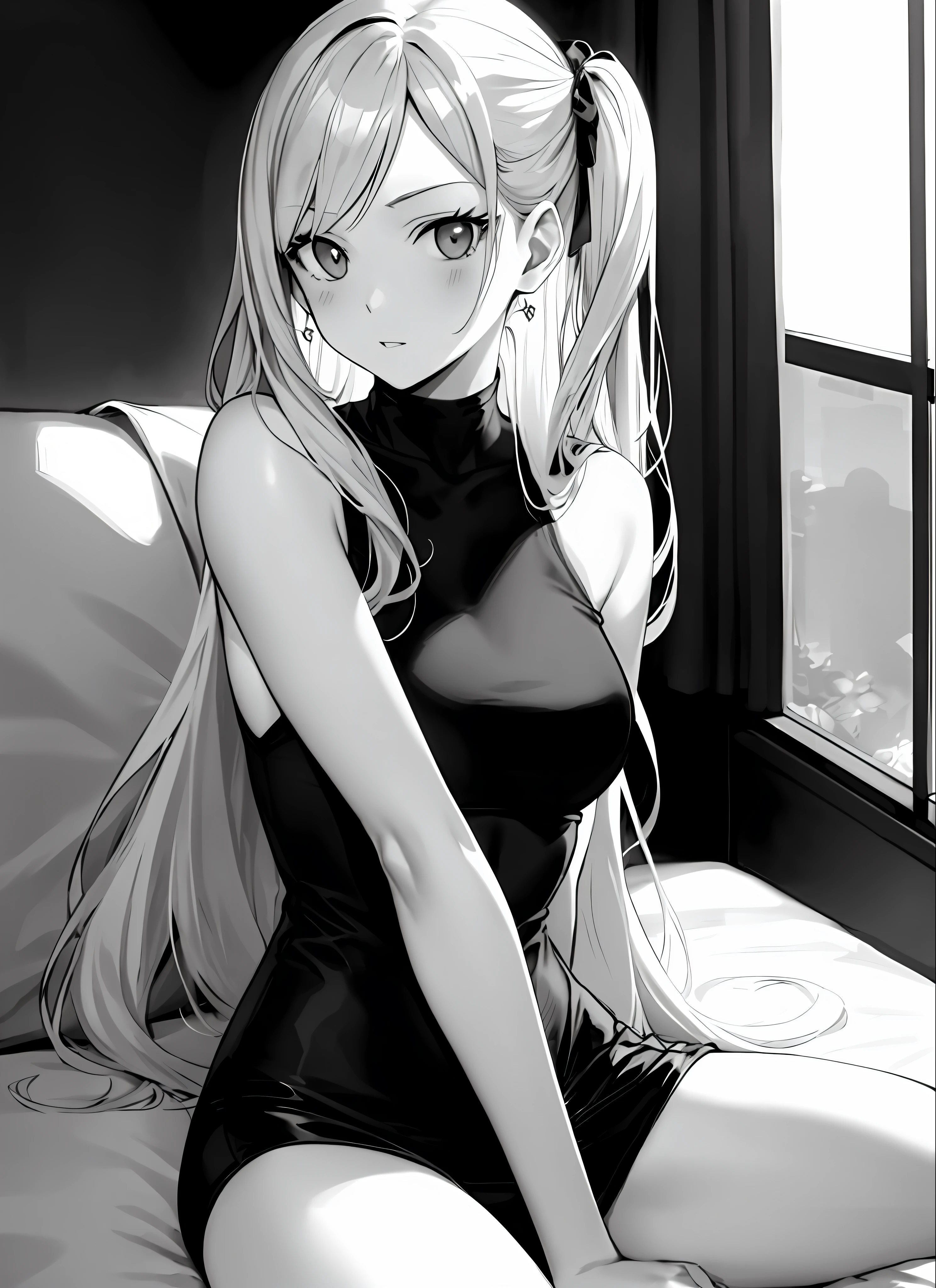boichi manga style, 1girl, monochrome greyscale, solo, sitting, long hair, upper body, ((masterpiece))