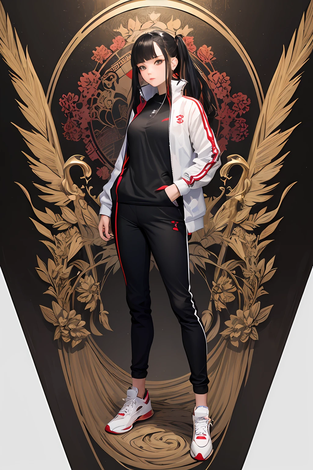 (Masterpiece, Top Quality, Best Quality, Official Art, Beauty and Aesthetics: 1.2), (1girl), Extreme Detail, (Fractal Art: 1.3), Colorful, Most Detailed, A Woman in a Stunning Red Chinese Li Ning Tracksuit