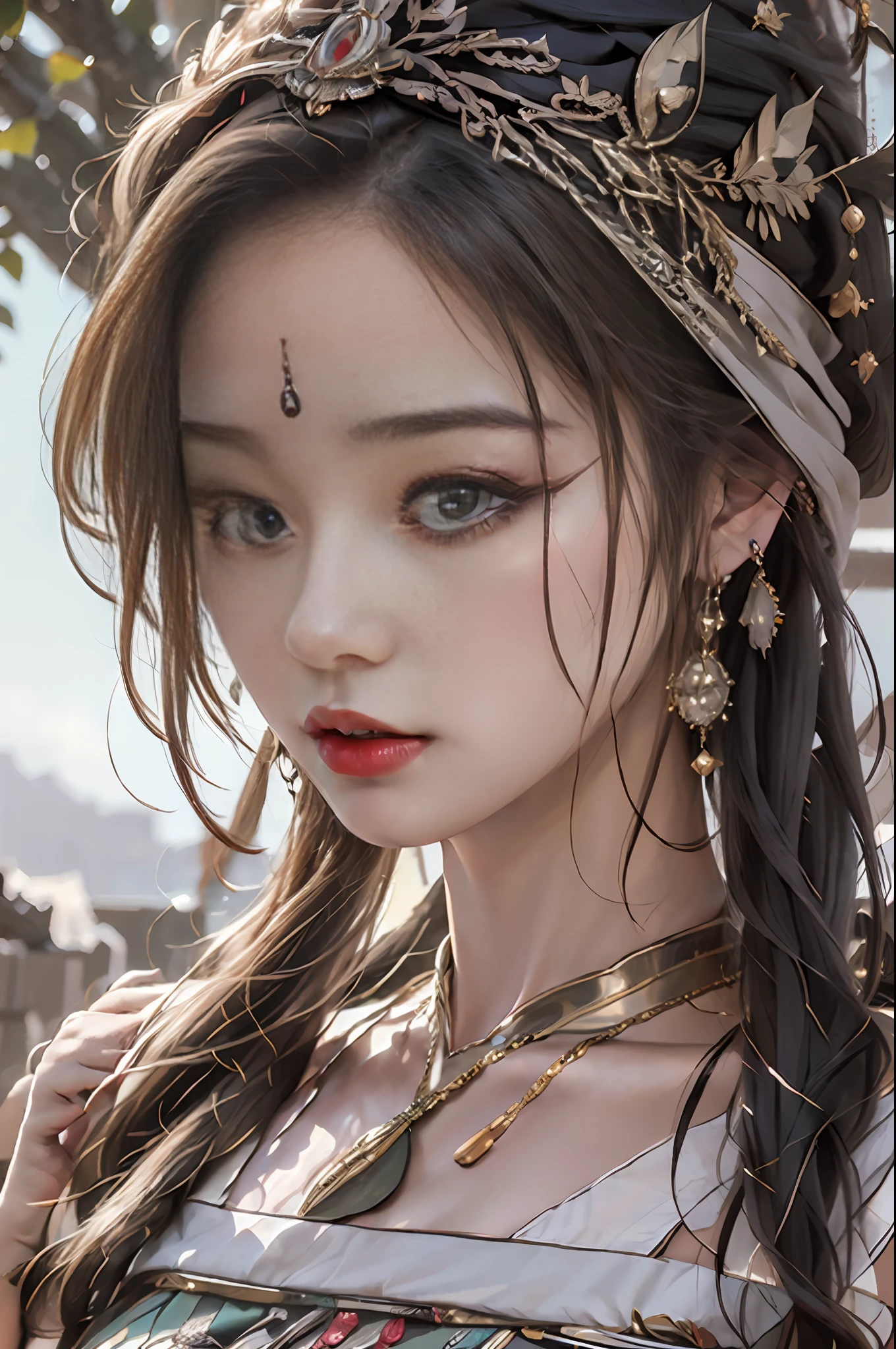 (Masterpiece, Monochrome, Color: 1.0), (Highest quality: 1.2), Green antique dress, purple eyeshadow, lens-facing, frontal bust photo, (Ultra High Quality: 1.1), Masterpiece, Best Quality, Dream Background, Gorgeous Headgear, Award-Winning Artwork, (Very Detailed CG Unity 8k Wallpaper), (High Detail), (Best Illustration), (Best Shadow), Realistic lighting, costume for girls, portrait of girls, gauze dress, jewelry, red lips, beauty, big eyes golden sea of clouds, surrounded by mountains, Classic Antique Girl, Film Lighting, Best Quality, 4K