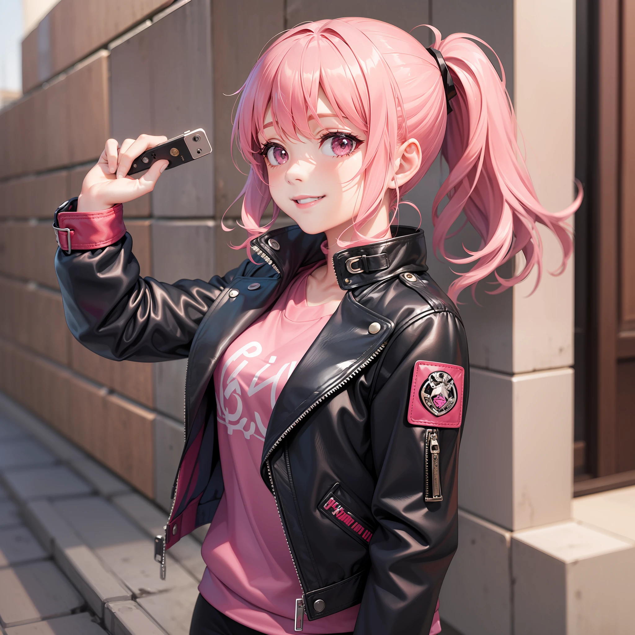 Girl Girl Pink Hair Ponytail Smile Pink Hair Masterpiece Beautiful Girl Girl Leather Jacket Girl