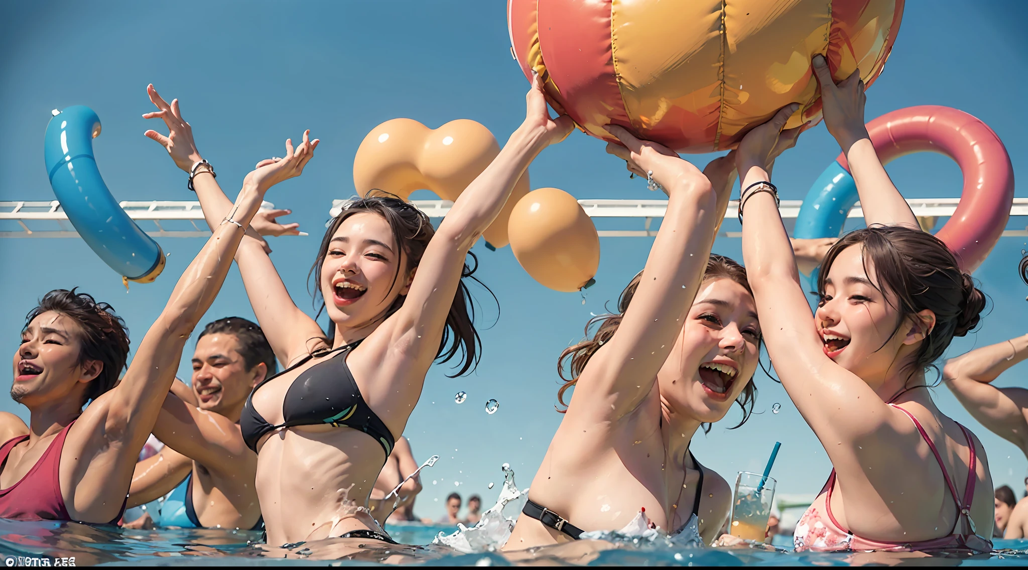 A lively and vibrant artwork that captures a pool party full of laughter and joy. The sun shines and illuminates the clarity of the pool. People swim and frolic in the water, jumping and playing with joy, and the poolside is decorated with bars and lounge areas where people can enjoy the moment while enjoying refreshing drinks and snacks. The party scene exudes energy and happiness, and everyone is immersed in the festive atmosphere. (((best quality)))),((ultra-detailed))),(((masterpiece))), illustration