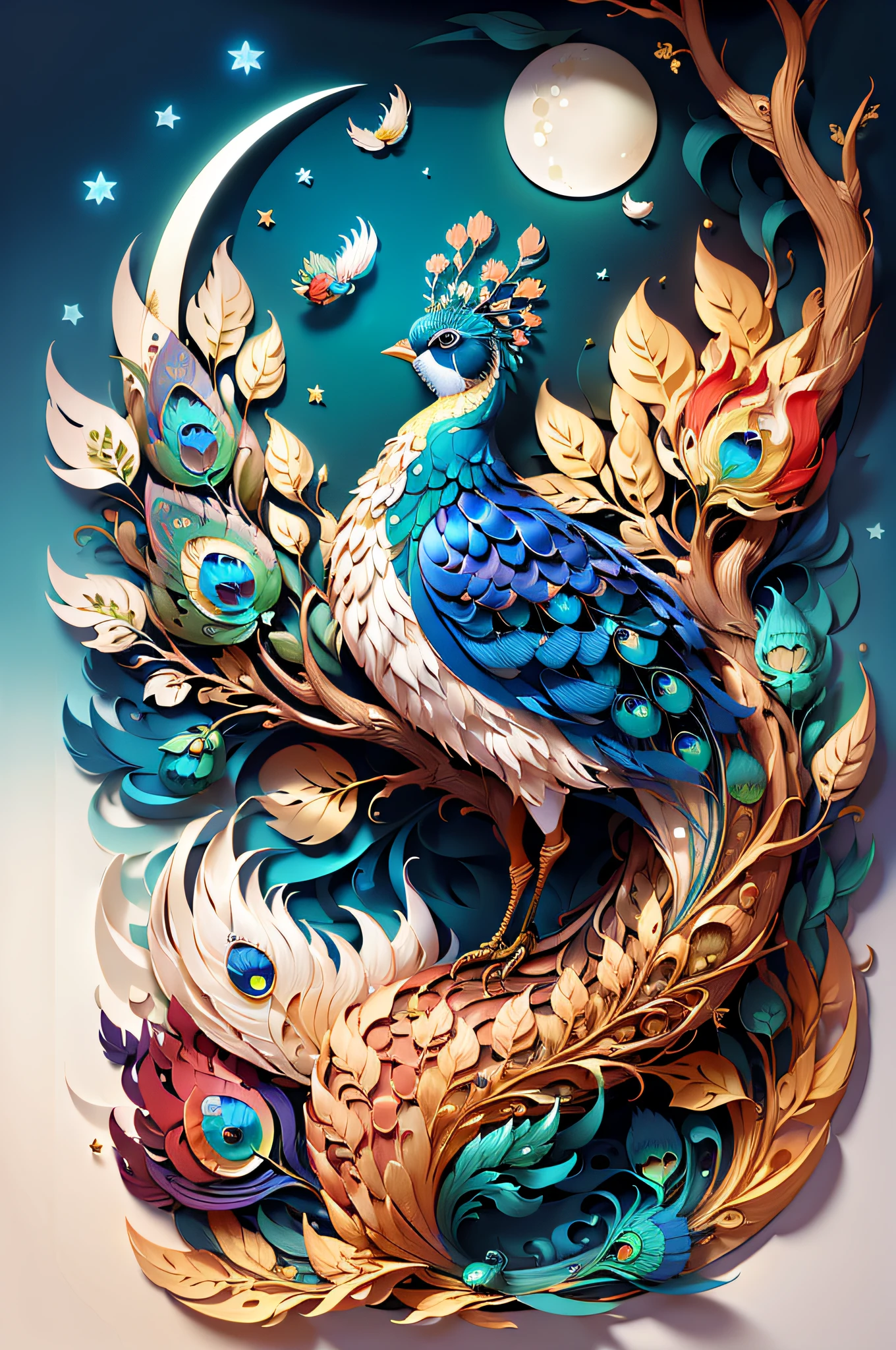 (((masterpiece))),bestquality,illustration,beautifuldetailedglow,
paper_cut, Peacock, tree,moon,
