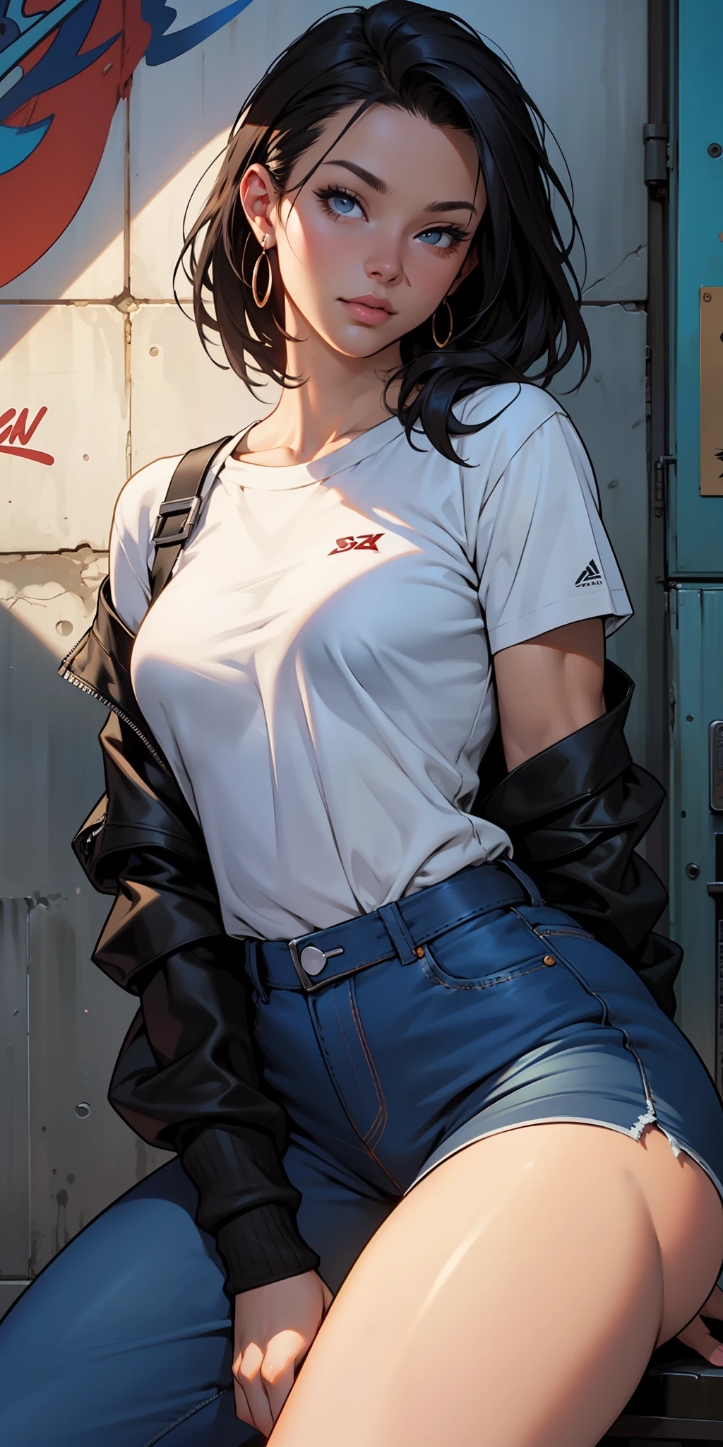 , (beautiful and clear background:1.2),, fantastic paintings ,graffit style, olhos altamente detalhados , a white t-shirt or tatoon stamp , ultra detailed hair, masterpiece, best quality, high quality, highres, detail enhancement, ((most beautiful image in the world)), masterpiece, best quality, high quality, highres, detail enhancement, ((most beautiful image )),with short, shiny black hair, t-shirt stampa nome sega, wearing jeans,, art by stjepan sejic, art by j scott campbell, art by guillem march, art by citemer liu, 4k, high resolution, comic book character, comic, high quality detailed, style ::2.0 comix illustration style,tatoon style, high quality, highres, detail enhancement, 8k, hd, best quality, high quality, highres, detail enhancement, 8k, hdr, sharp focus, ultra detailed, perfect lighting