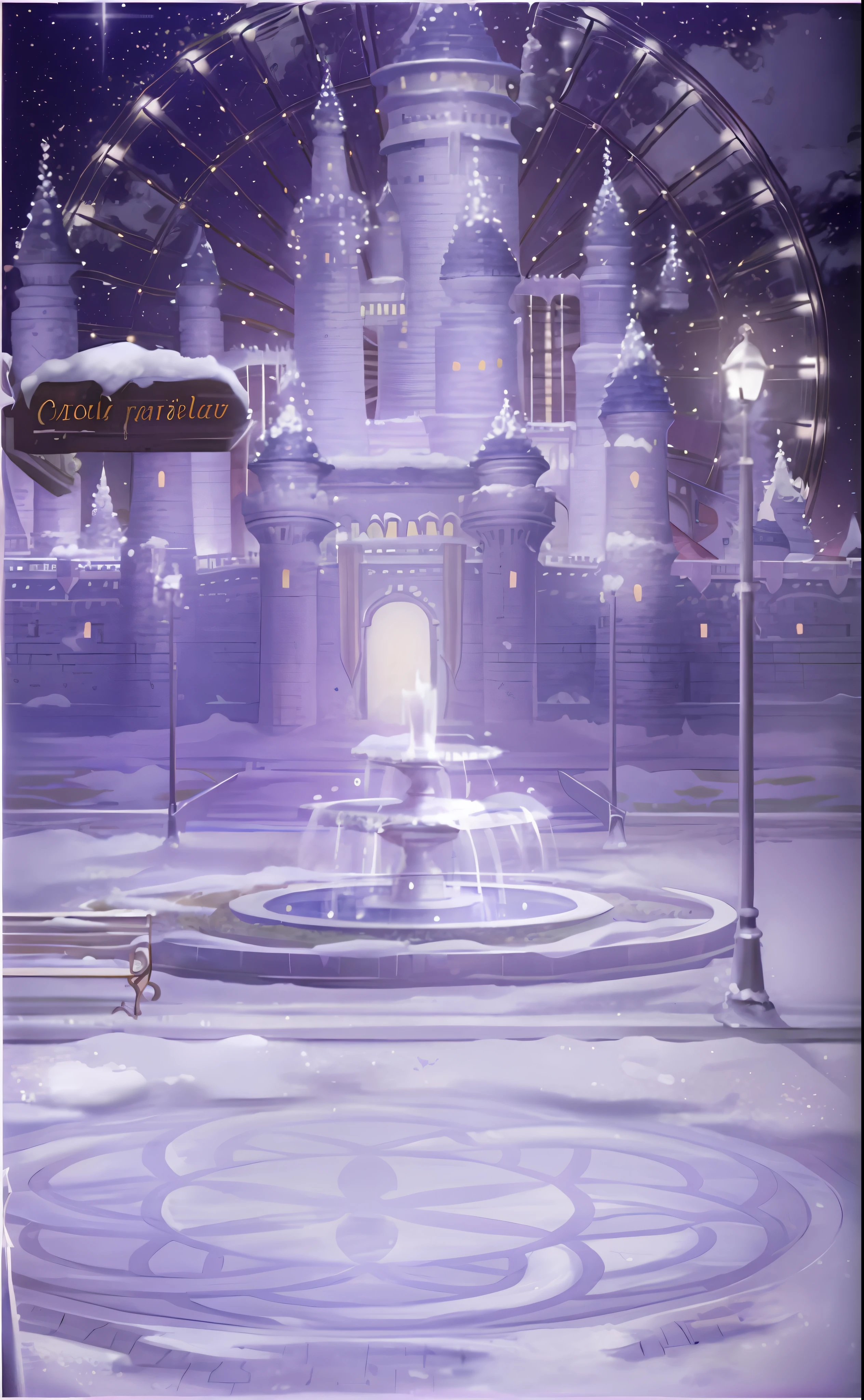 There is a painting of a castle with a fountain in the middle, aesthetic, fairy tale style, castle, soft, lighting, palace, fantasy matte painting, cute, dreamy, starry sky, shiny, artwork, concept art magical highlights, winter scene fantasy, winter concept art, background is Disneyland castle, fairy tale artwork, vertical painting, natural light, delicate, sequins, sparkling, generate more details, anime style, anime, modern, futuristic, panorama, concept art, uhd, masterpiece, ccurate, super detail, high detail, high quality, best quality, high resolution,