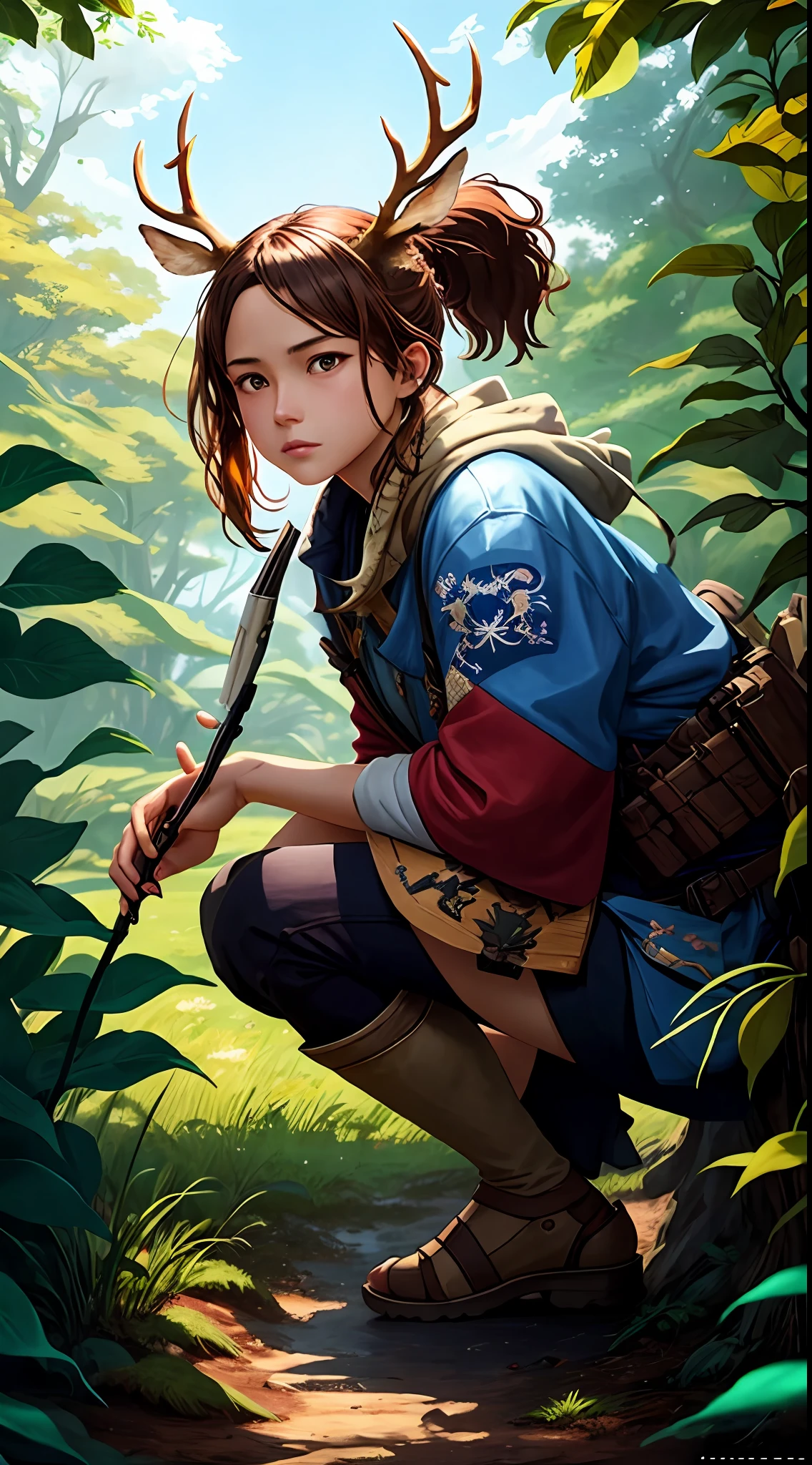 Huntress crouching through the plants to hunt a deer, (anime screenshot,vivid color cymk:1) from ( Celluloid:1) by (nvinkpunk:0.3),(kuvshinov:0.3),(dreamlikeart:0.3),(samdoesart:0.3),(modelshoot style:0.3), by Hiroya Oku Naoki Urasawa, 1girl, Japanese, a brown female 1gril,[nicole kidman:rachael leigh cook:0.3],(Holding an object:1.1), gray blonde, ponytail, slatted armor, fantasy art from ghibli studio, Shinkai Makoto ArtstationHQ, painting with vivid field colors, high contrast!, best quality, masterpiece, highly detailed, ultra-detailed,
