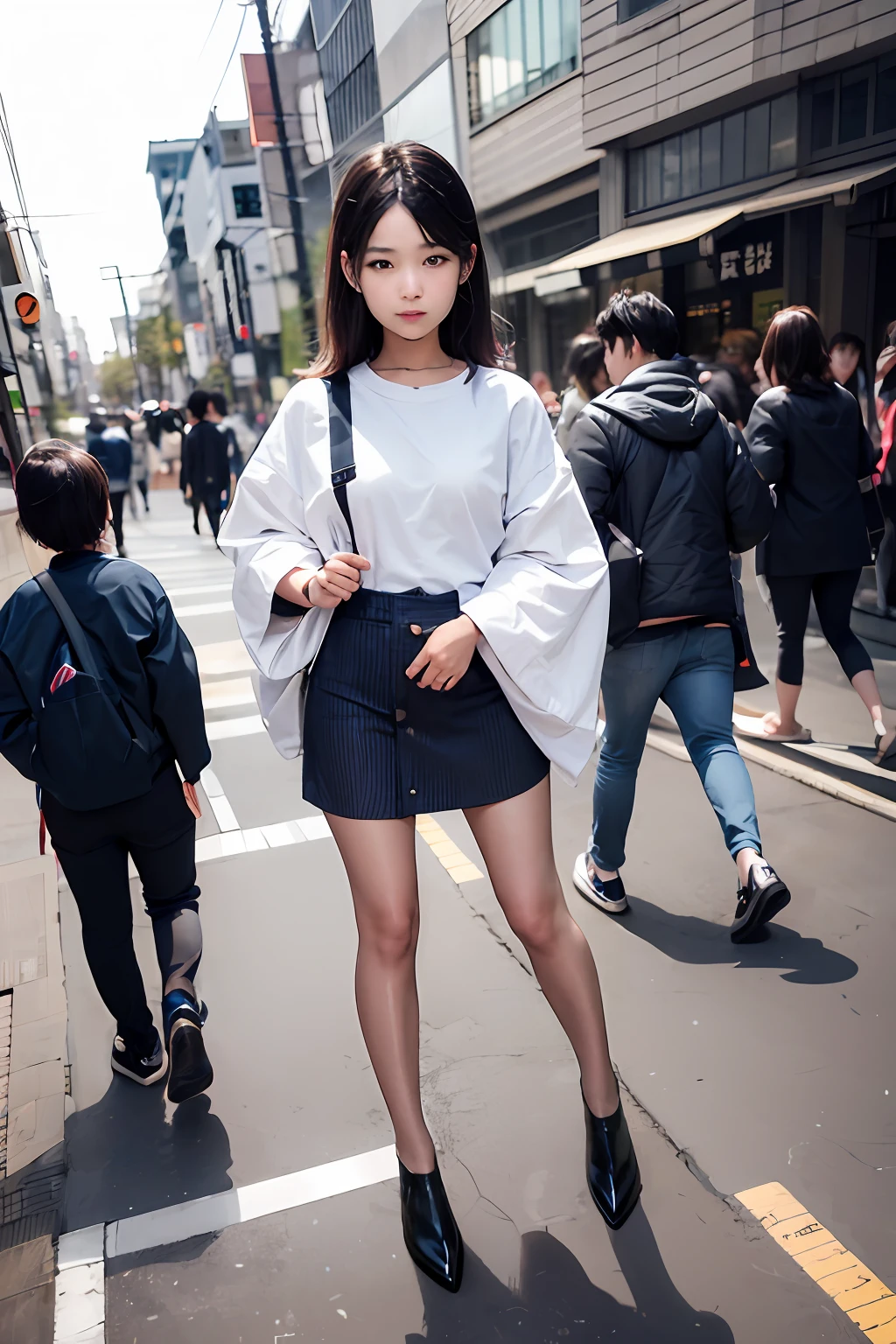 Takeshita Street, Harajuku, Tokyo, filled with young Japanese men and women. A beautiful, pretty, lovely, well-dressed, stylish, dark-haired Japanese woman with a pretty face is standing in the middle of the screen, looking at the camera. Her knees are visible. Super wide angle. The composition shows the entire Takeshita Street.