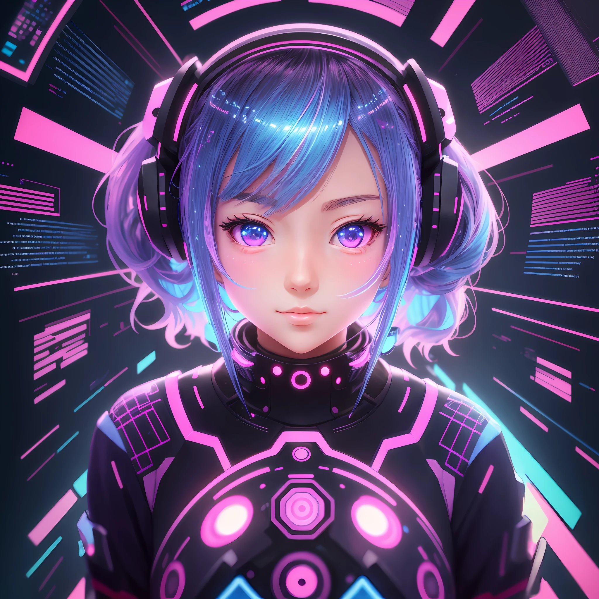Ninja woman with peace sense headset, closed eyes, beautiful face, RGB colors, bright purple hair, anime, bright background, banner for youtube video, happy girl, clouds with RGB colors, bright RGB colors, full. --auto