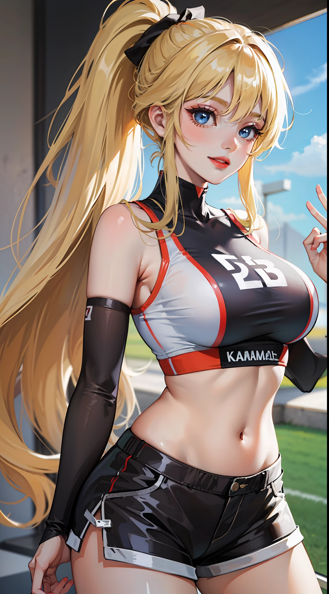 Young girl, long blonde hair, high ponytail, blue eyes, sports top, shorts, big breasts, smile, karambit, masterpiece, high quality