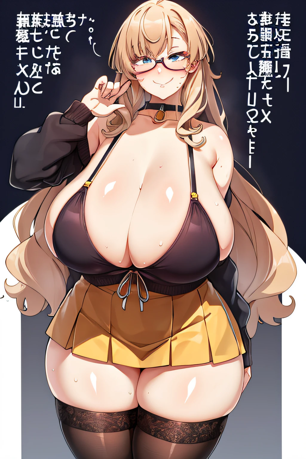 1girl, solo, long hair, (loose hair) glasses, blonde hair, ((giant breasts: 1.3))), large breasts, (long hair), curly hair, (thighs: 1.2), heavy blush, (thick thighs: 1.3), wide hips, choker, (happy: 1.3), simple background, shiny skin, moist skin, inside, facing the viewer, ((cleavage)), ((lewd)), best quality, smiling, sweater, tight sweater, tight short skirt, jewelry, closed mouth, front, lingerie, heels, (milf), seductive, sweaty, freckles on face, hand on back, in a kitchen, ((view from opposite)), Seductive posture, Sexy pose, ((Detailed beautiful mature face)), (high thigh stockings), ((closed mouth)),