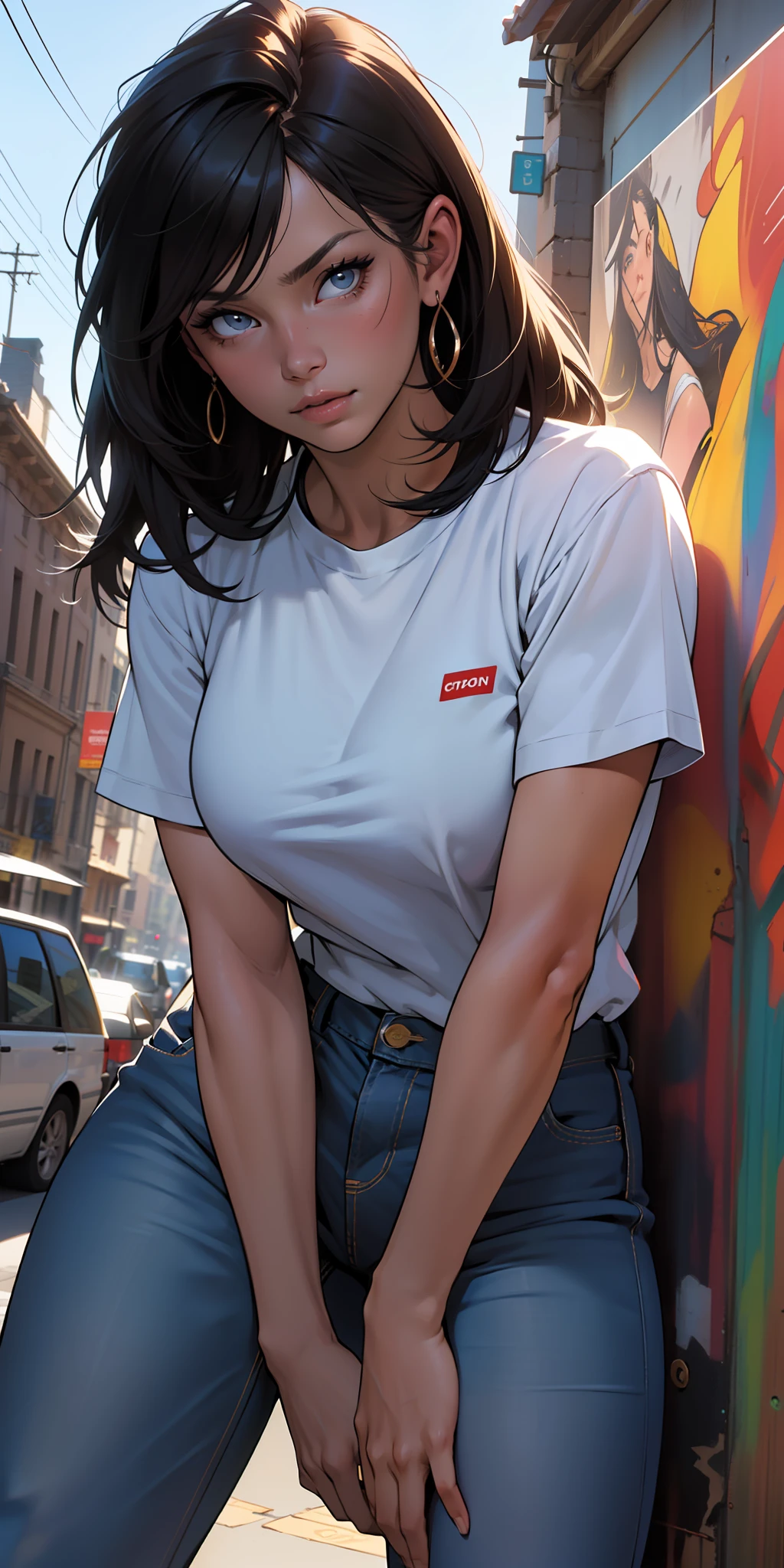 , (beautiful and clear background:1.2),, fantastic paintings ,graffit style, olhos altamente detalhados , a white t-shirt or tatoon stamp , ultra detailed hair, masterpiece, best quality, high quality, highres, detail enhancement, ((most beautiful image in the world)), masterpiece, best quality, high quality, highres, detail enhancement, ((most beautiful image )),with short, shiny black hair, t-shirt stampa dragao, wearing jeans,, art by stjepan sejic, art by j scott campbell, art by guillem march, art by citemer liu, 4k, high resolution, comic book character, comic, high quality detailed, style ::2.0 comix illustration style,tatoon style, high quality, highres, detail enhancement, 8k, hd, best quality, high quality, highres, detail enhancement, 8k, hdr, sharp focus, ultra detailed, perfect lighting