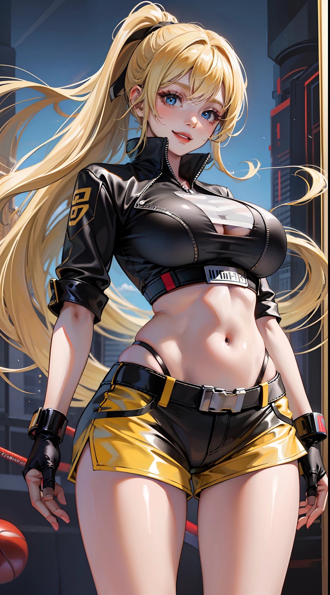 Young girl, long blonde hair, high ponytail, blue eyes, sports top, shorts, big breasts, smile, karambit, masterpiece, high quality