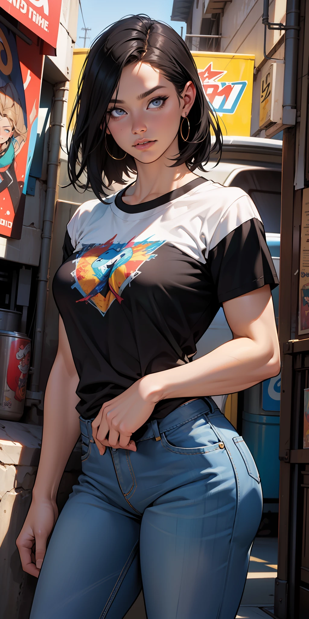 , (beautiful and clear background:1.2),, fantastic paintings ,graffit style, olhos altamente detalhados , a white t-shirt or tatoon stamp ,  ultra detailed hair, masterpiece, best quality, high quality, highres, detail enhancement, ((most beautiful image in the world)), masterpiece, best quality, high quality, highres, detail enhancement, ((most beautiful image )),with short, shiny black hair,  t-shirt stampa dragao, wearing jeans,, art by stjepan sejic, art by j scott campbell, art by guillem march, art by citemer liu, 4k, high resolution, comic book character, comic, high quality detailed,   style ::2.0 comix illustration style,tatoon style, high quality, highres, detail enhancement, 8k, hd, best quality, high quality, highres, detail enhancement, 8k, hdr, sharp focus, ultra detailed, perfect lighting