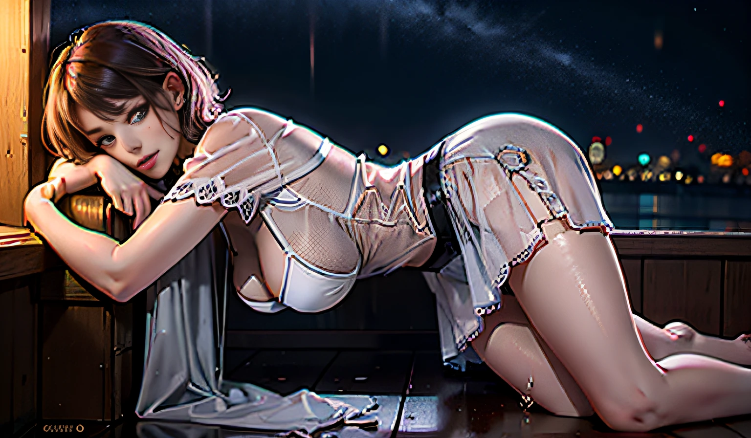 Masterpiece, anime, realistic pure lust seduction super detailed illustration, 8k portrait rendering, 8k, high quality, high detail art, making a girl mature extreme seduction. ,(side view), facing the viewer, bloom effect, ultra-detailed face, lying on the side or charming standing position, smiling, closing up. Perfect legs and feet. Middle chest, delicate eyes, delicate nose, rain, (short hair: 1.5), fluttering NovaFrogStyle, silver hair, messy hair, strabismus, thin eyebrows, mature face, chubby body, (collar shirt, lace, transparent shirt, white silk calf stockings), dark studio, edge lighting, best details. (It's raining outside, wet skin, wet shirt, wet hair), long legs, [[black lace style lingerie]]], (hair over one eye), (messy fabric, messy skirt, messy lingerie, raised shirt), beauty and aesthetics, dreamy, dark and blurry landscpae valley, detailed background, night sky, happy, soft shadows, warm lighting, flower, contrast, light reflection against darkness, film, dramatic light,  wide dynamic range, 8k, HDR, low light: 1.2