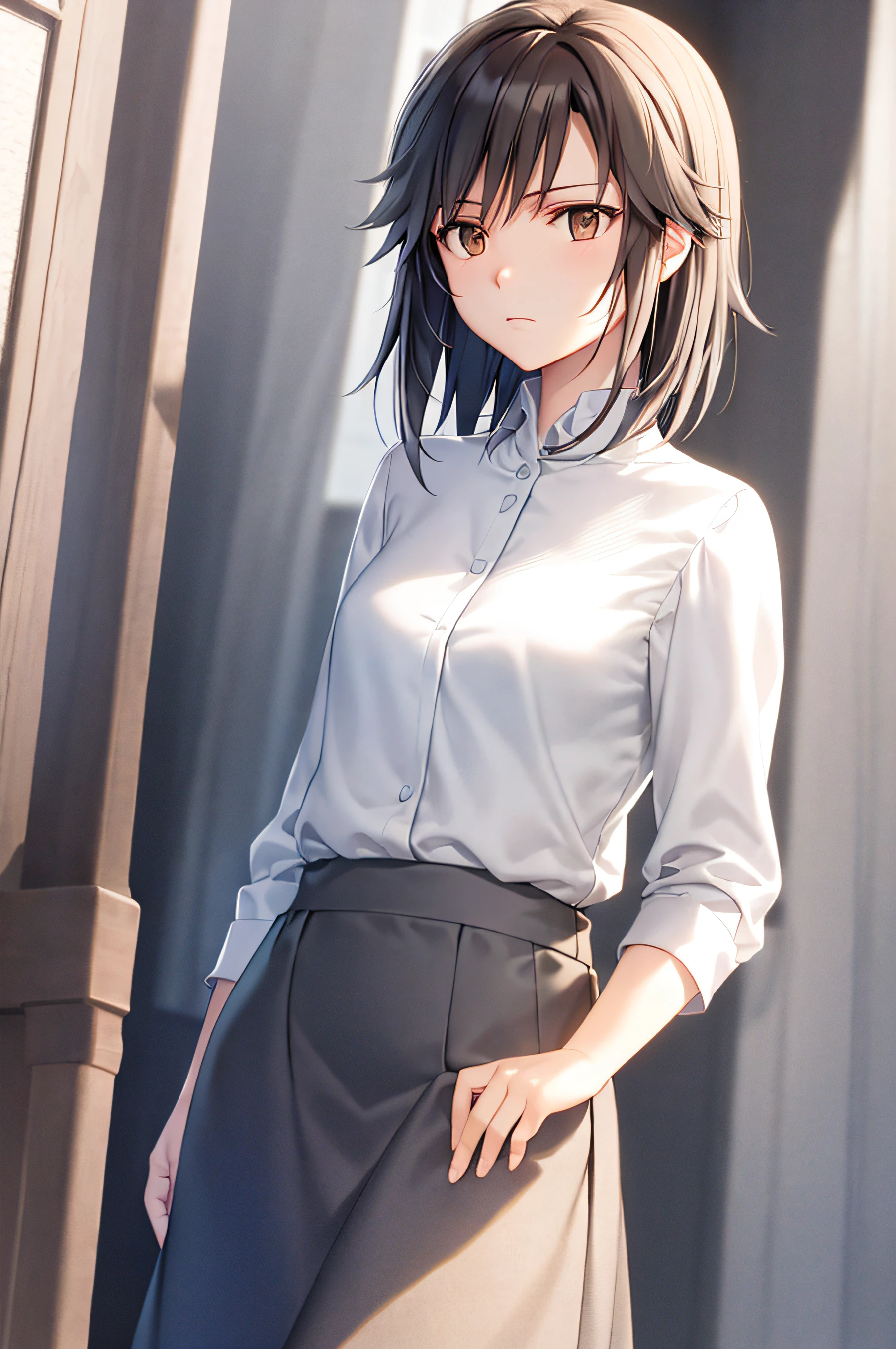 Very detailed and precise anime-style illustrations, very beautiful 22-year-old woman, standing headlessly, slightly low angle, looking at the camera, short brown hair, perfect round gray eyes, sad expression, small breasts, solo, wearing a gray long-sleeved shirt and a long gray skirt. The background is white, backlit, Makoto Shinkai CG art.