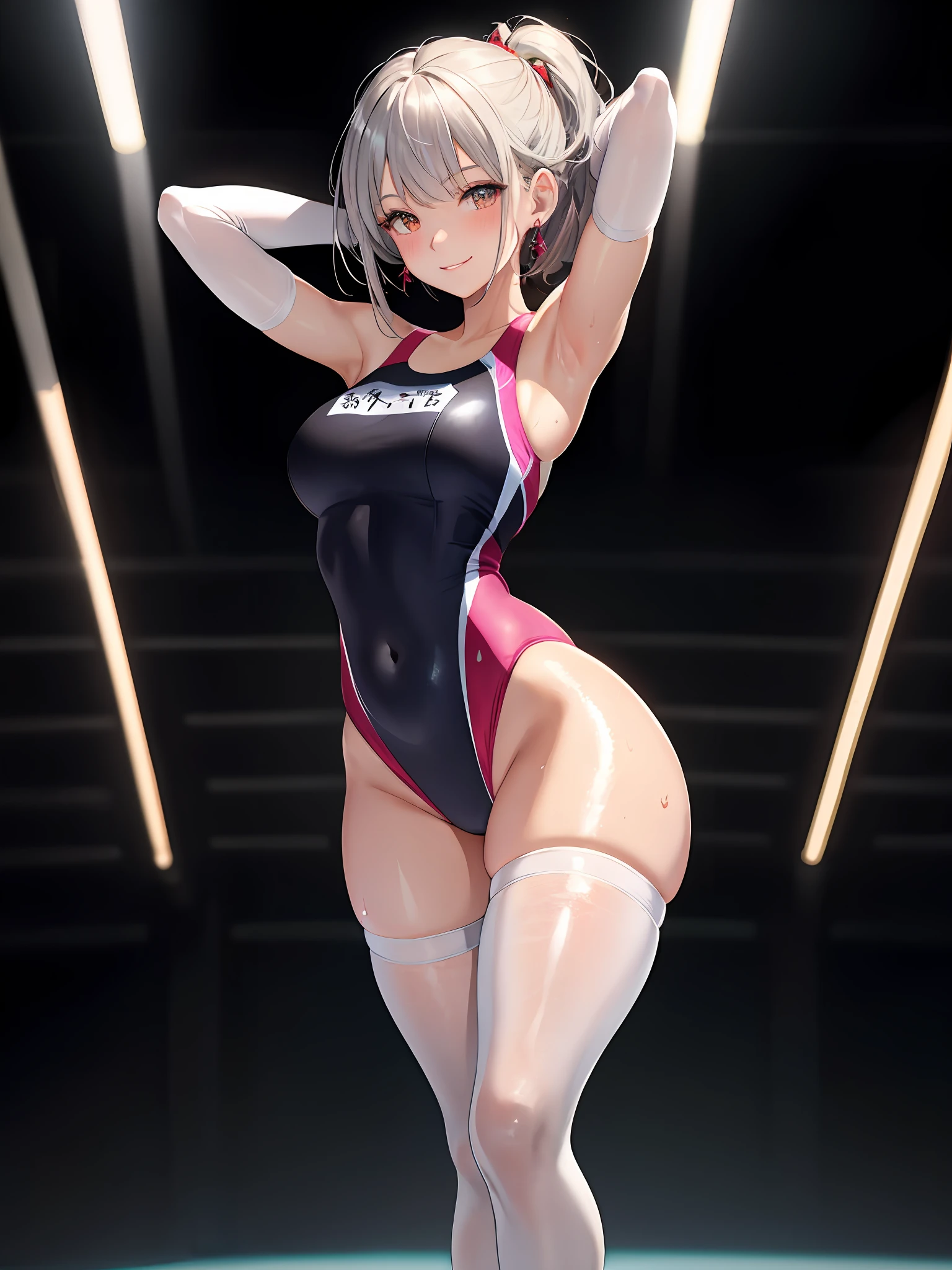 1 girl,masterpiece, beautiful lighting, detailed beautiful face, detailed beautiful eyes, high resolution, ultra-fine illustration, very delicate and beautiful, top quality, (:1.2), Solo, smiling, 30s, (silver hair ,bob hair, crimson eyes),, curvaceous, (shiny hair, shiny eyes, shiny skin), (glowing skin: 1.2), , thighs, covered navel, pelvic curtain, gloves, elbow gloves, armpits, black thighs, earrings, thighs, arms raised, under, blush, sweat, jewelry, thick thighs, gloves, bangs, arms behind the head, (competitive swimsuit), parting lips, full body, pantyhose, blushing cheeks, sandy background, bright, full body