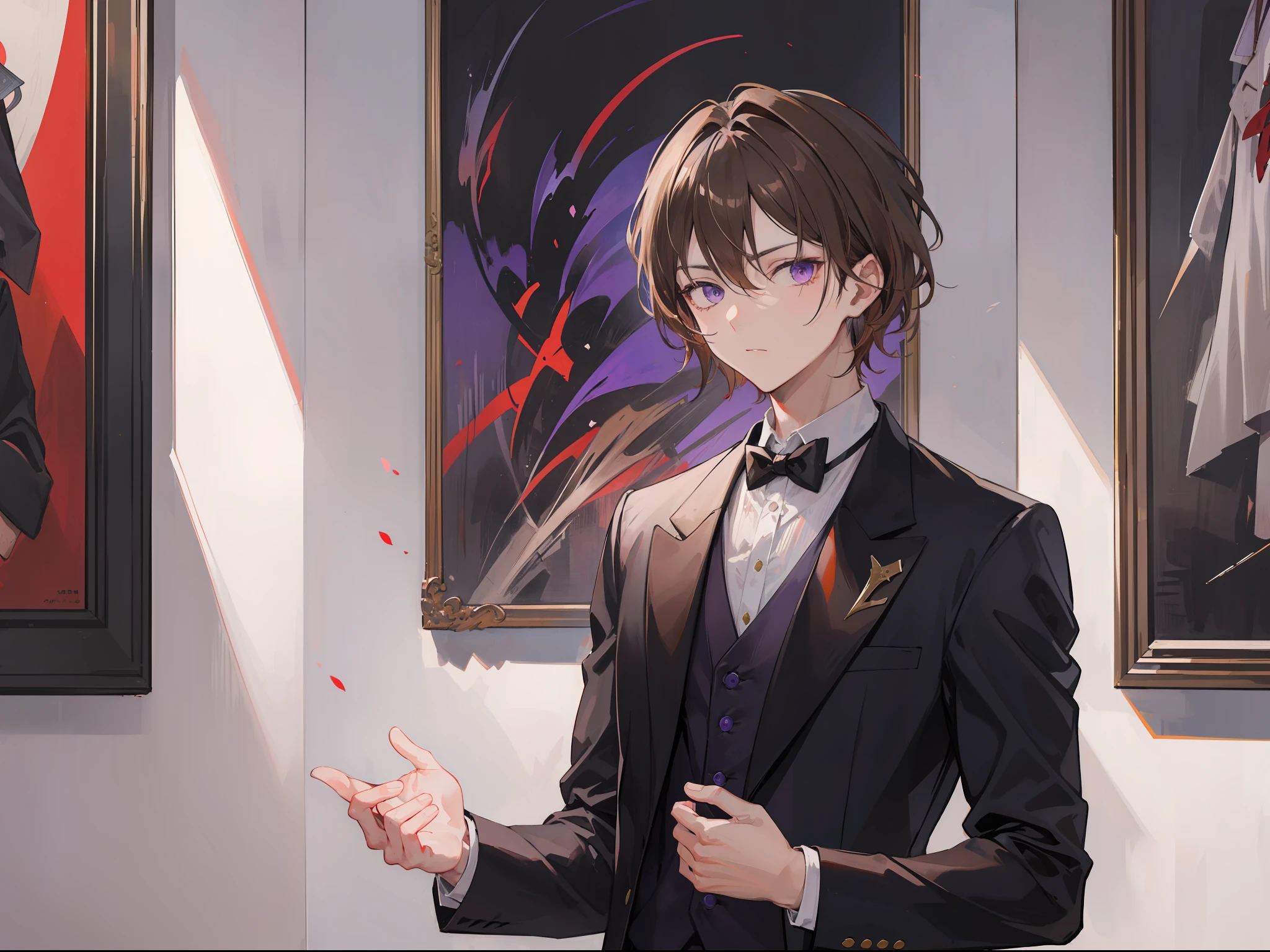 Creata a man with short vibrant light-brown hair and striking sharp purple eyes, he was standing in front of the painting, he was wearing a black suit