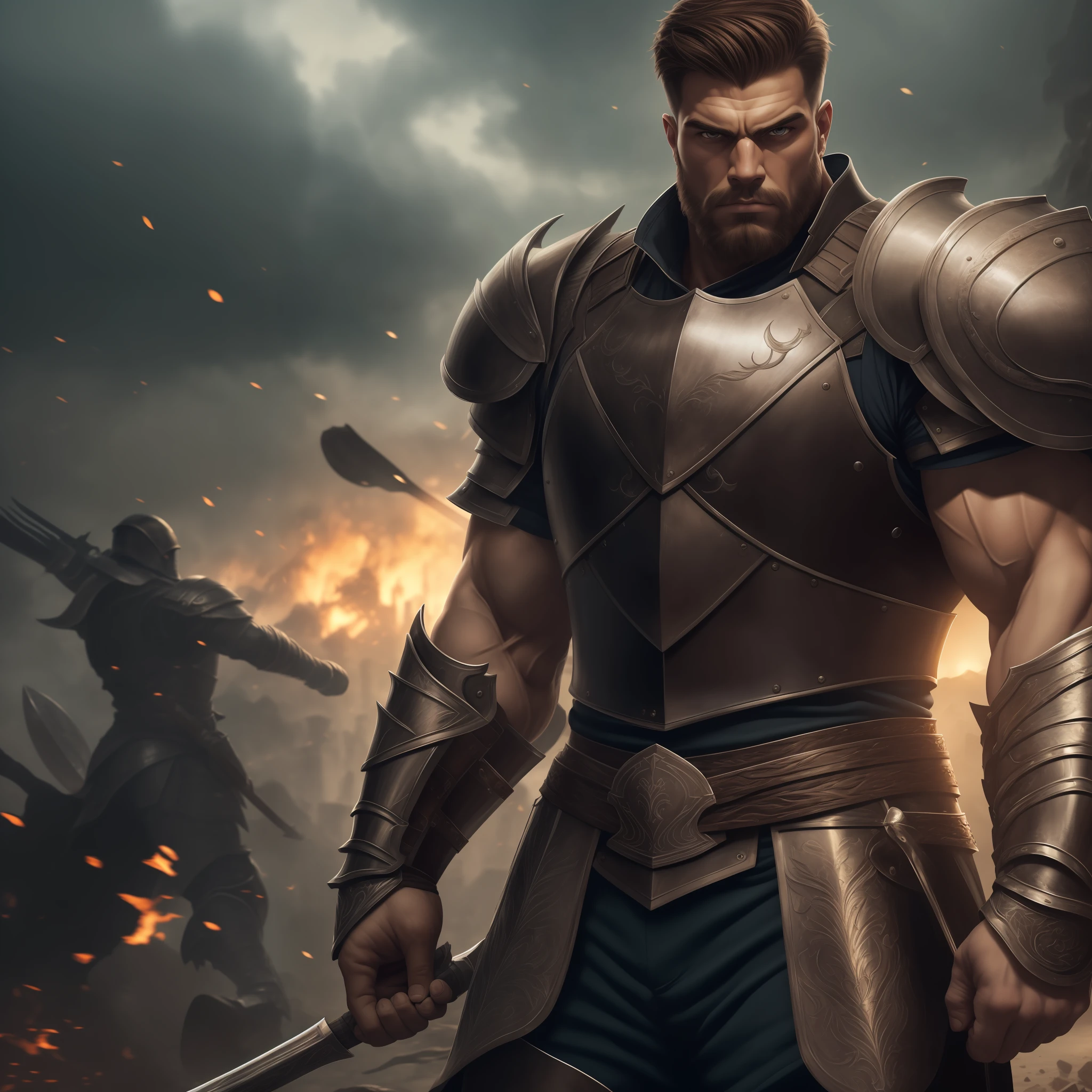 (extremely detailed 8k wallpaper), a photo of a man, Warrior, Human, imposing physique, short brown hair, well-groomed beard, determined eyes, wearing a plate armor.