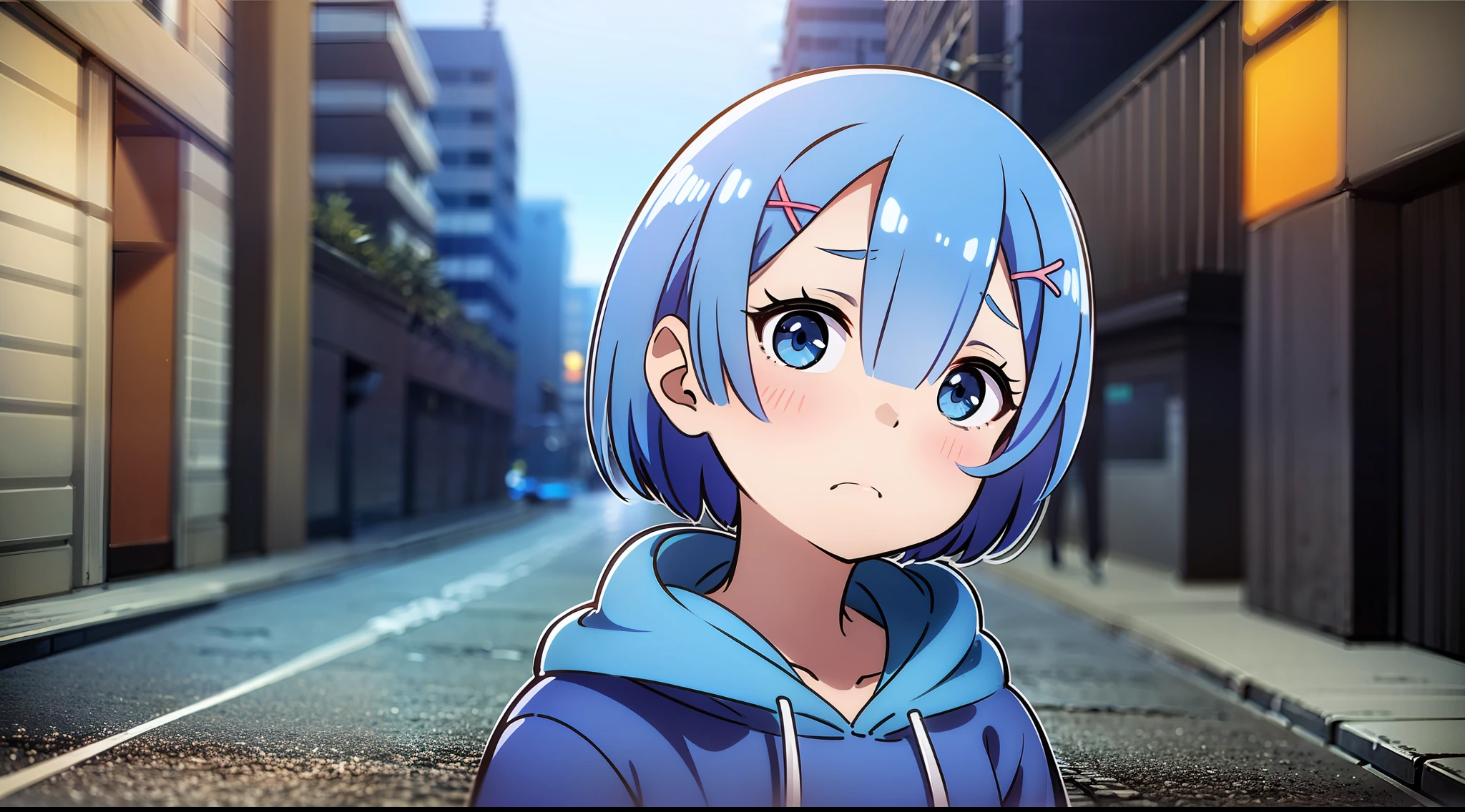 Masterpiece, rem rezero, blue eyes, sad face, blue hoodie, in the middle of the street, close up, portrait,