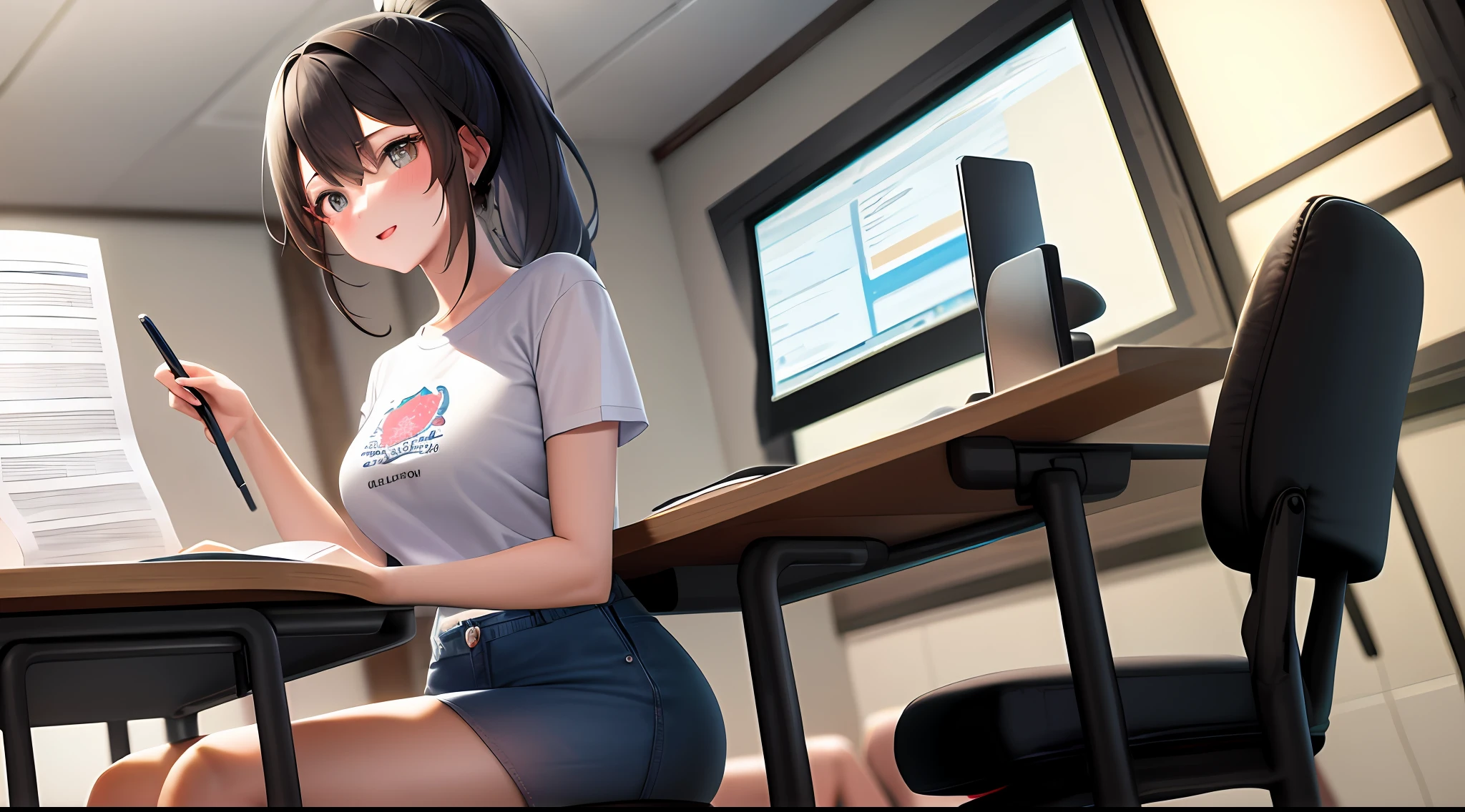 masterpiece, best quality, high resolution, one girl, flappy t-shirt, girl sitting on chair and studying drafting at desk,, study seriously, study hard, drafting, beauty, cute, Japan super idol, paperwork, architect, ponytail