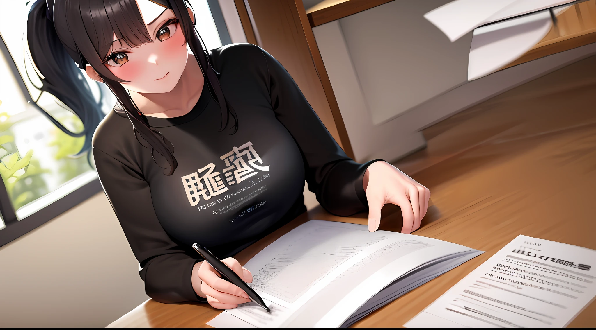 masterpiece, best quality, high resolution, one girl, flappy t-shirt, girl sitting on chair and studying drafting at desk,, study seriously, study hard, drafting, beauty, cute, Japan super idol, paperwork, architect, ponytail