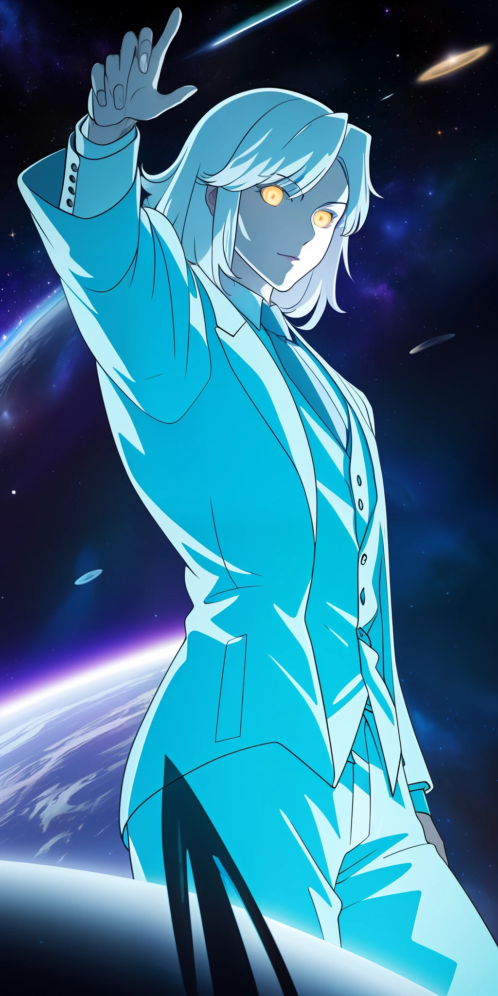 8k, best quality, masterpiece, 1boy, man made of space, celestial being, looking at galaxy in palm, pose, glowing eyes, in space, skin made of space, white hair, made of space, Celestial, glowing, sharp eyes, sharp features, suit made of space,