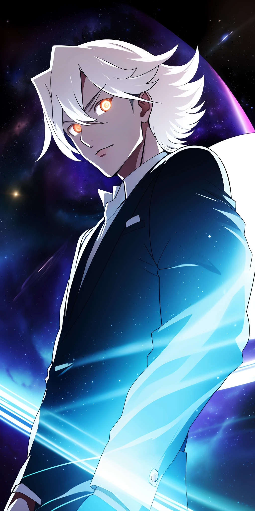 8k, best quality, masterpiece, 1boy, man made of space, celestial being, looking at galaxy in palm, pose, glowing eyes, in space, skin made of space, white hair, made of space, Celestial, glowing, sharp eyes, sharp features, suit made of space,