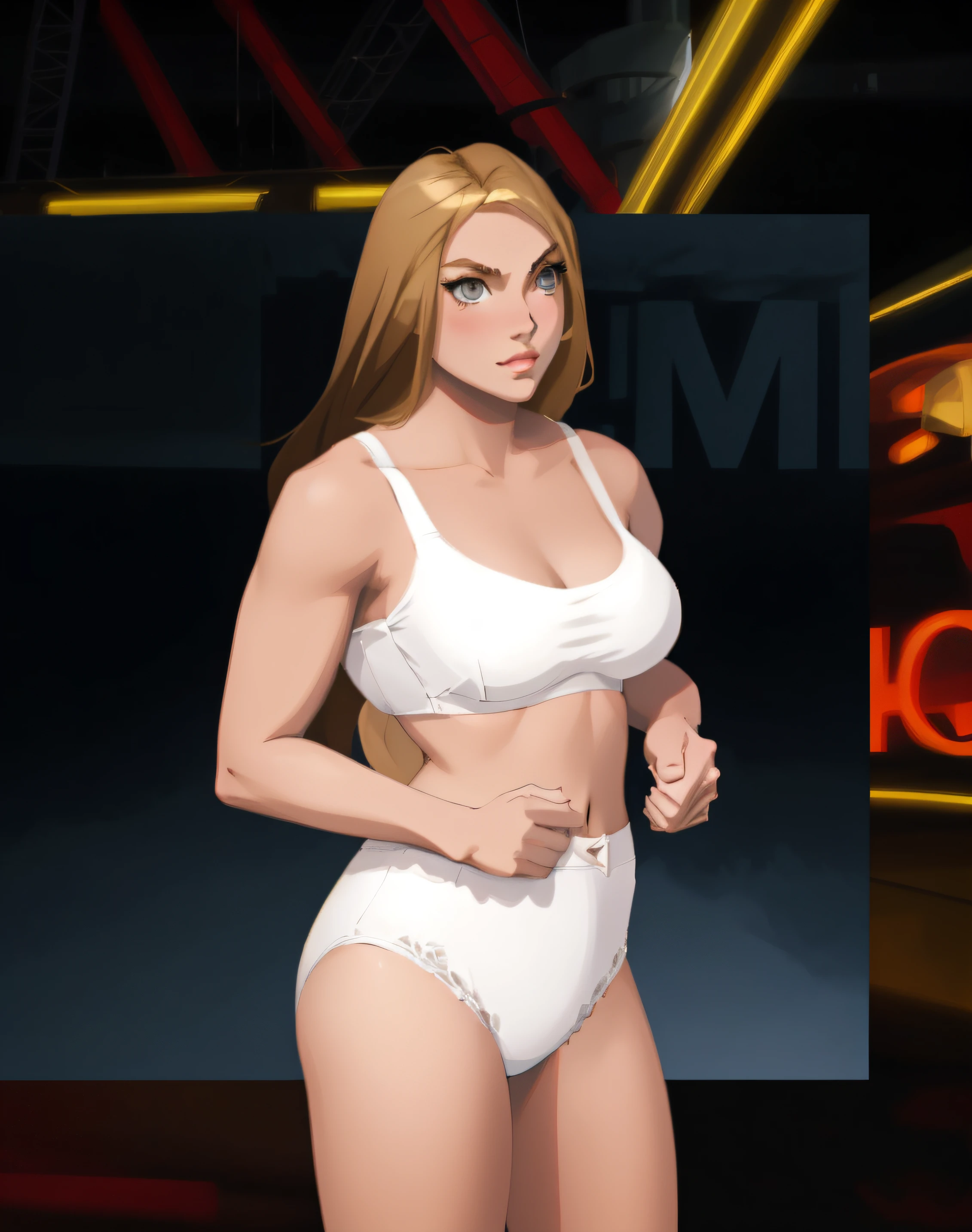 Buff Blonde Caucasian woman in white bra and white cotton high cut panties, anime art style, intricate details