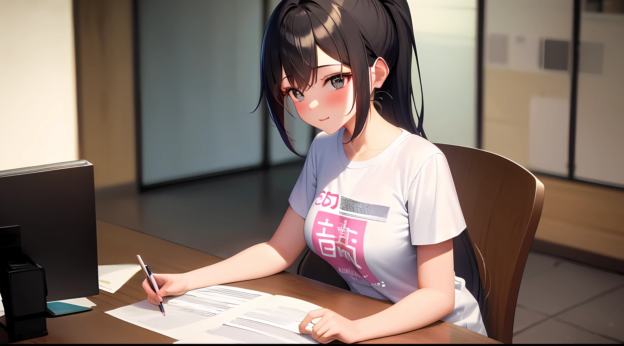 masterpiece, best quality, high resolution, one girl, flappy t-shirt, girl sitting on chair and studying drafting at desk,, study seriously, study hard, drafting, beauty, cute, Japan super idol, paperwork, architect, ponytail