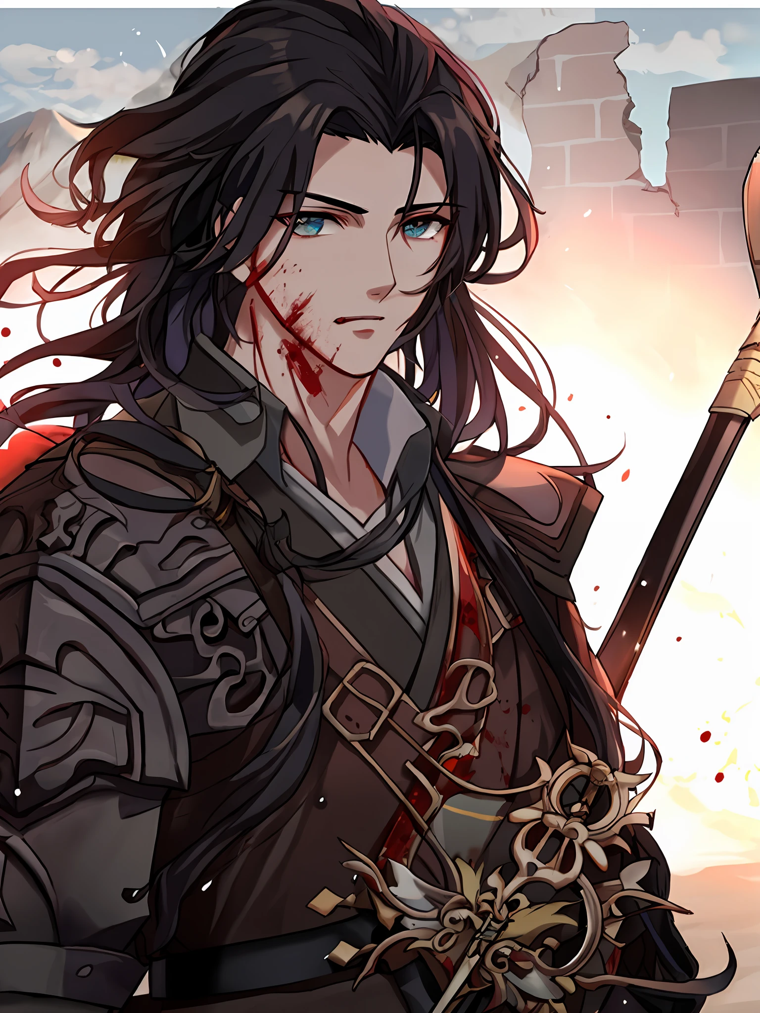 Features: City walls, mottled, dilapidated, bloodstained, watchtowers, war ruins, ancient frontier walls. Country/Dynasty: Tang Dynasty. Characters: Zhao Zilong, Zhao Yun, front face, bloodstained, handsome, long black hair. Items: Armor, Lone Flag, spear, halberd. Status/Action: Lonely, Face, Arrow Rain, Mountain of Corpses Behind Blood, Scraping, Blasting Sand. Image: 4k, brightly colored, master work