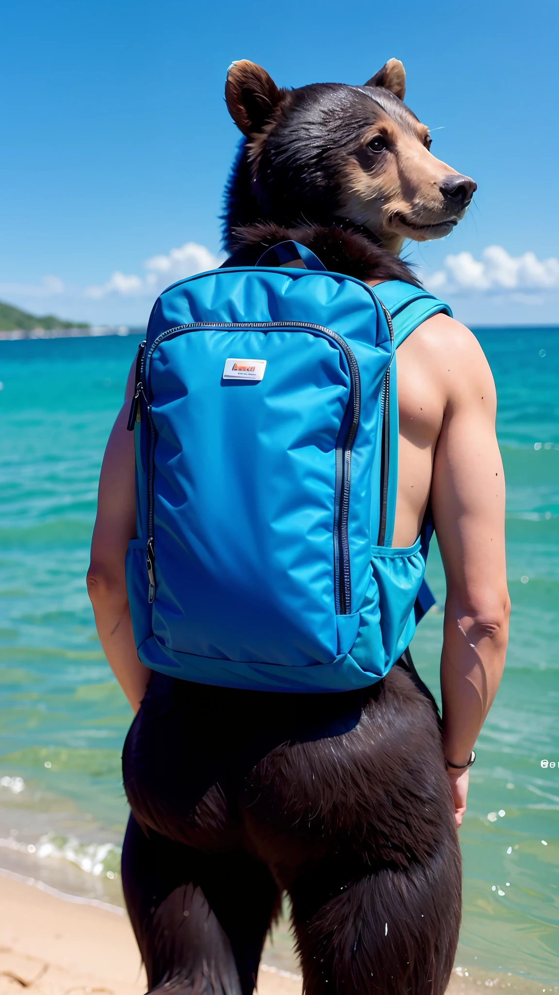 Bear on the beach with a backpack in 4k