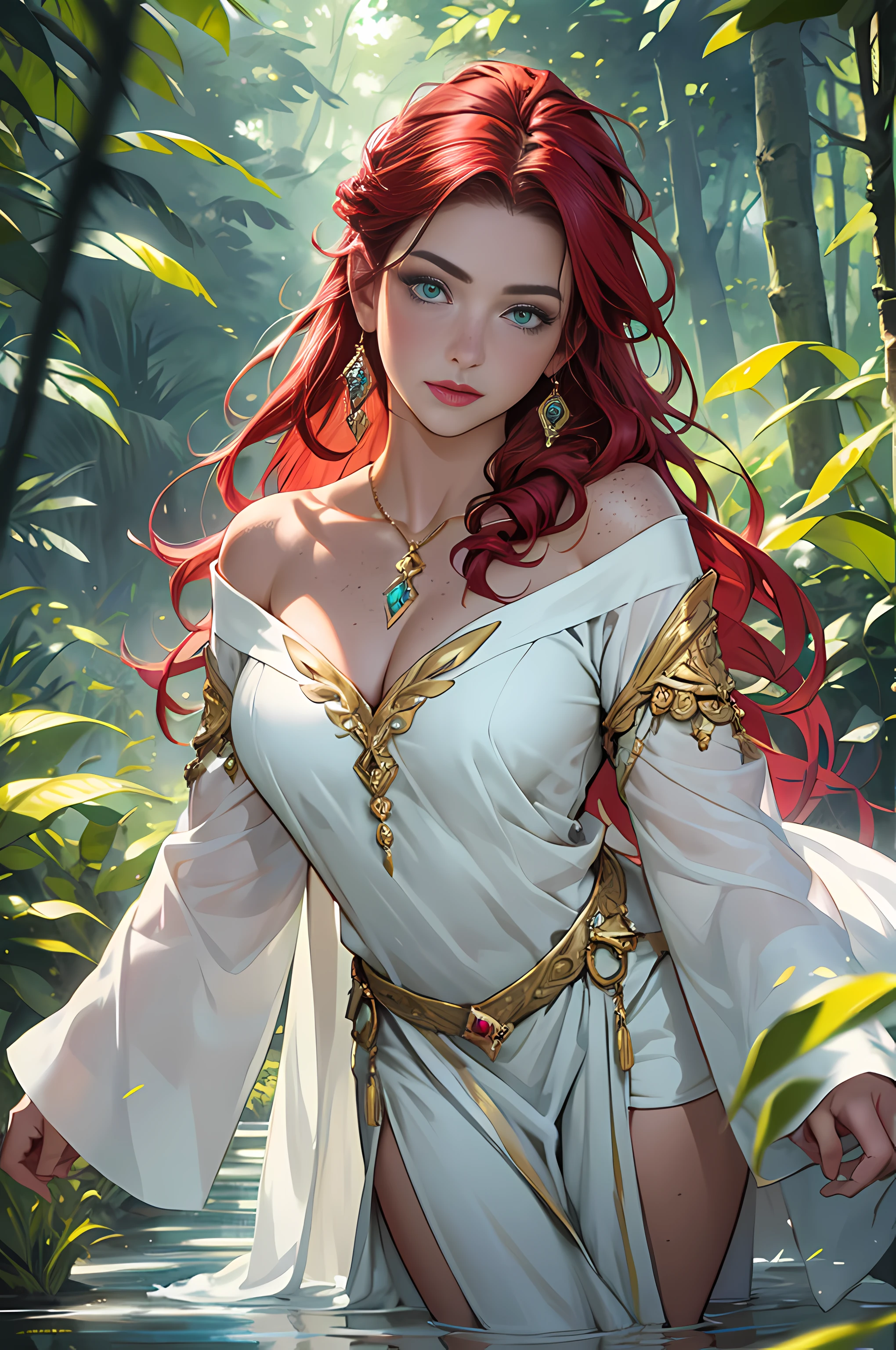 (A beautiful goddess of light and serenity), (long red hair up to her bare feet), (clothes of a Greek woman, white clothes with golden details), (light clothes), (gold, diamonds and rubies as ornaments), (green eyes), (freckles), (flushed face), (neckline), (large breasts), (realistic: 1.35), (concept art), (majestic goddess), (beautiful, attractive, stunning face), (flowing long hair), (beautiful skin), lush background (enchanted forest), fantastic paintings, graffiti style, highly detailed eyes, ultra detailed hair, masterpiece, best quality, high quality, highres, detail enhancement, ((world's most beautiful image)), masterpiece, best quality, high quality, highres, detail enhancement, ((most beautiful image)), art by stjepan sejic, art by j scott campbell, art by guillem march, art by citemer liu, 4k, high resolution, comic book character, comics, high quality detailed, style: : 2.0 comix illustration style, tatoon style, high quality, highres, detail enhancement, 8k, hd, best quality, high quality, highres, detail enhancement, 8k, hdr, sharp focus, ultra detailed, perfect lighting, (Subsurface scattering)