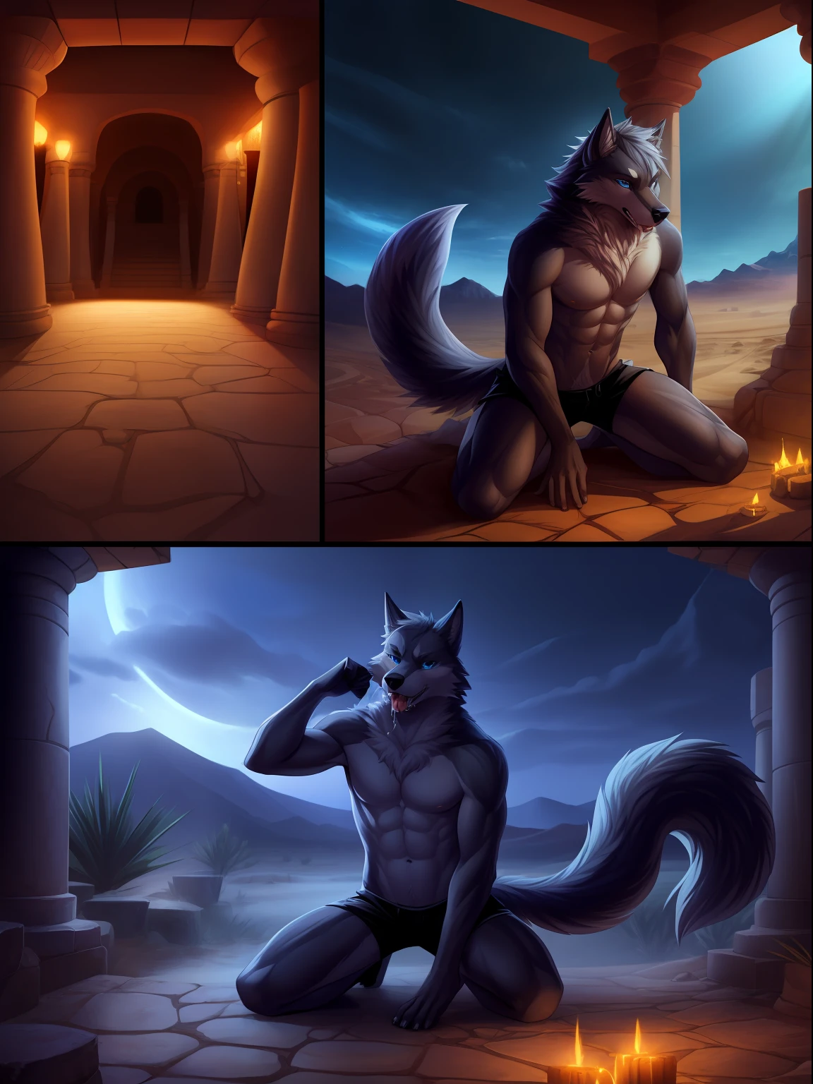 Correct anatomy, furry, furry, wolf (Abinus), male, wolf nose, one blue eyes and one red, cute, black skin, large wolf tail, fluffy gray hair))). Bare body, black shorts, rough slits, (milk), splashed on body (full body), kneeling, saliva, desert temple, extremely detailed art, tesudo, gorgeous colors, professional photos, various angles, detailed landscapes, hdt, tinta, dark light, more alluring settings, ultra 8k, HDR.
