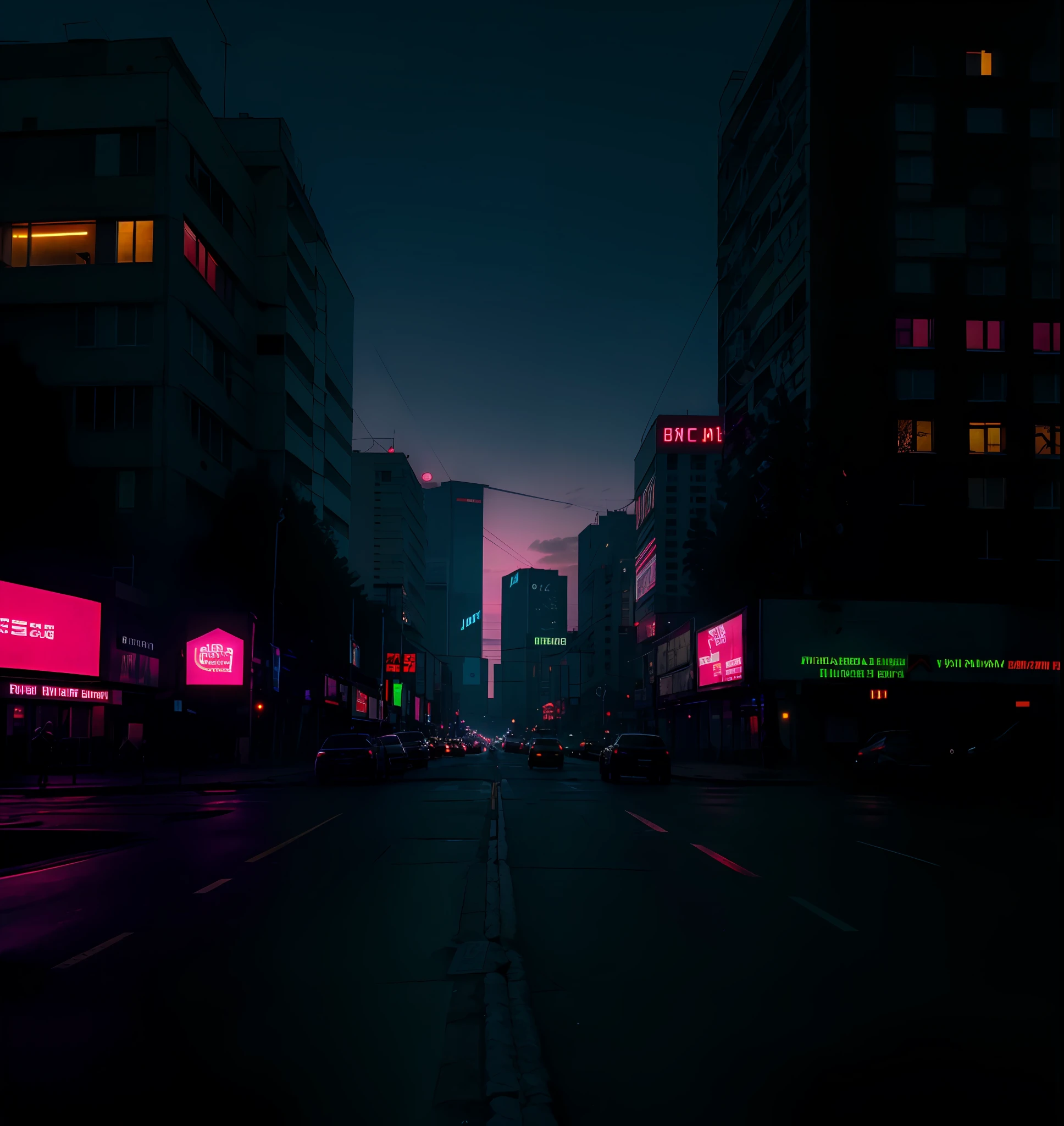 neon lights, cyberpunk, russianebenya, dark evening, movie still, 80mm lens