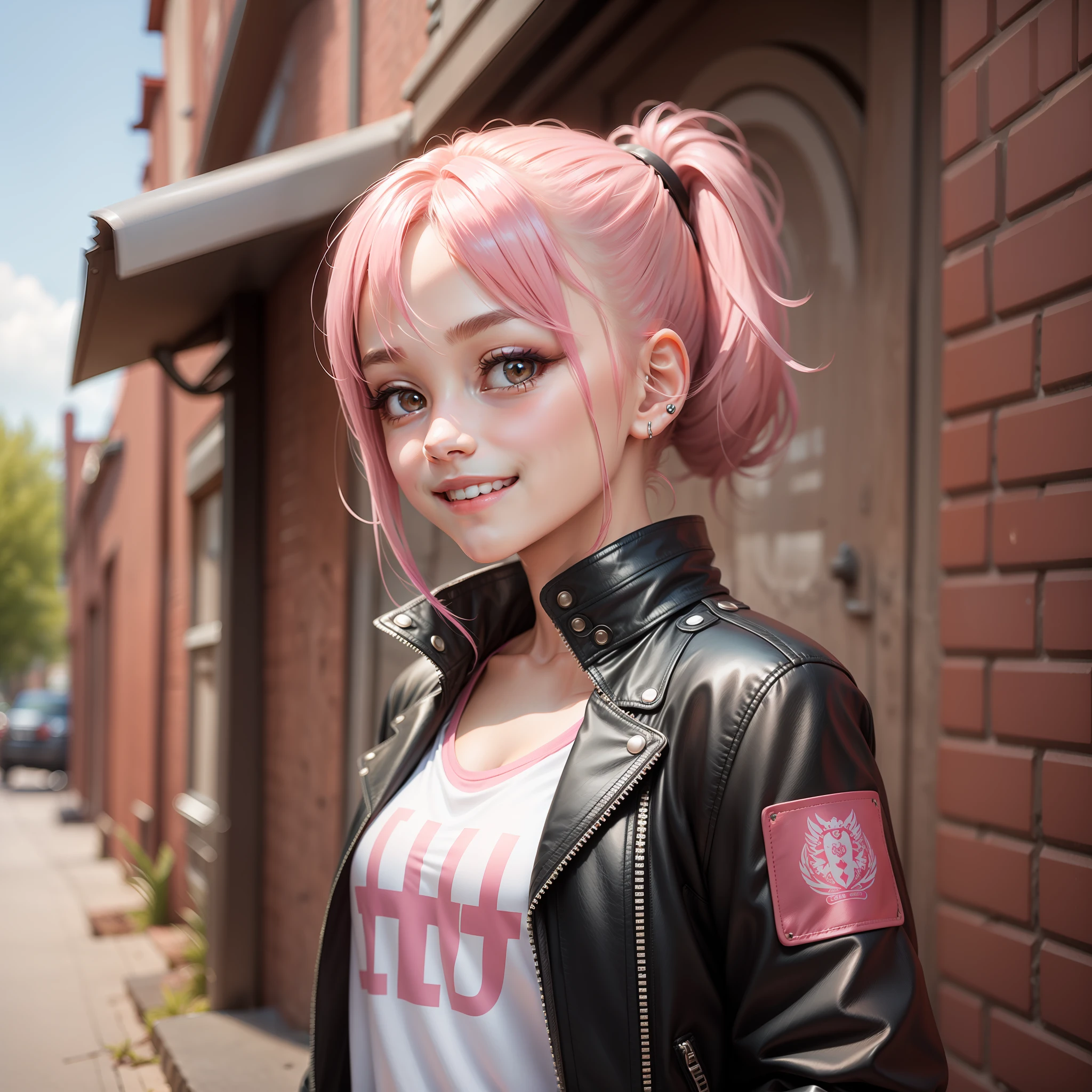 Little Girl Girl Girl Pink Hair Ponytail Smile Pink Hair Masterpiece Beautiful Girl Girl Leather Jacket Girl