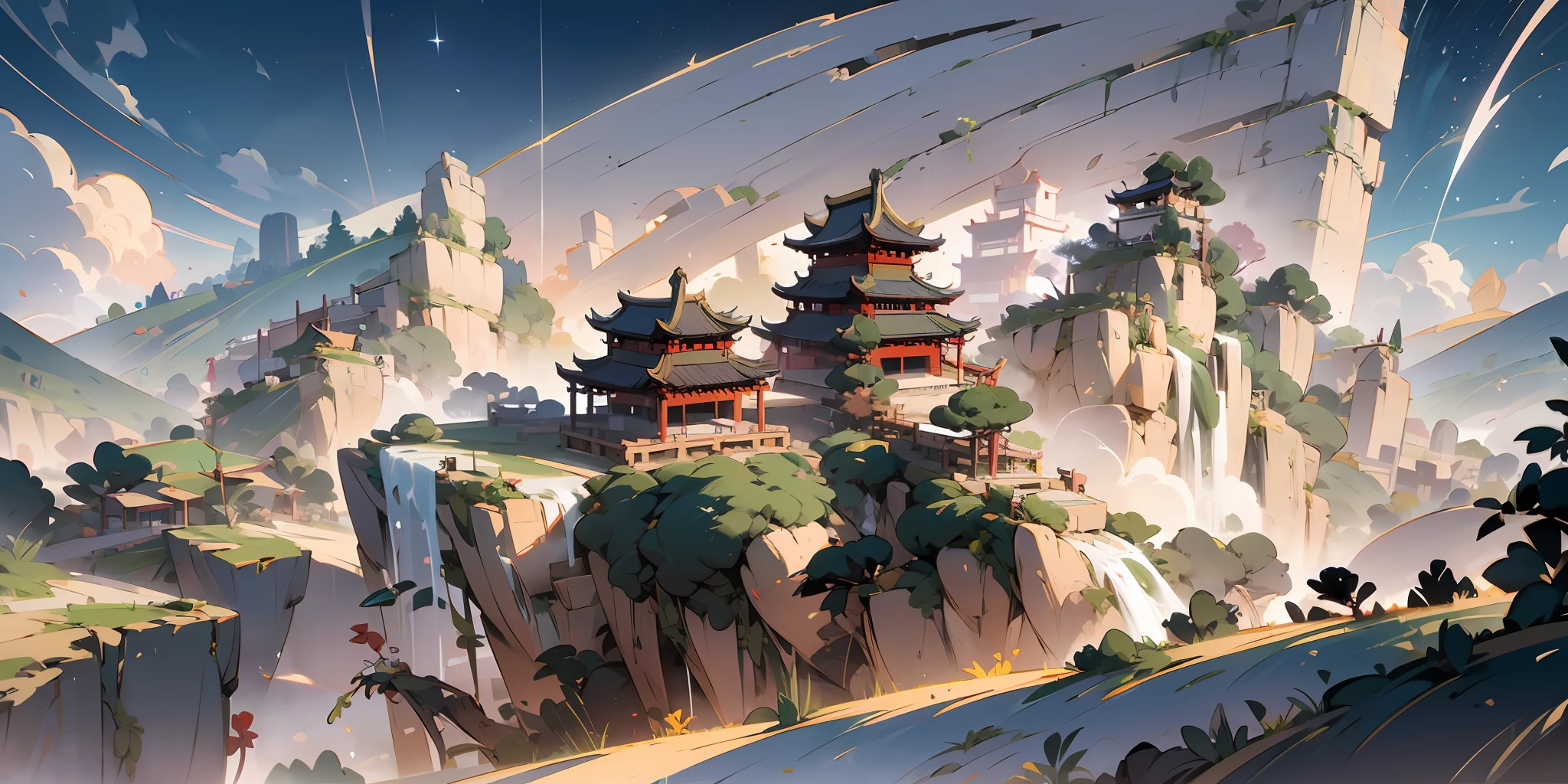 Ultra Wide Angle, Panorama, (Ancient Chinese Streets, Chinese Tang Dynasty Towns), Sleepless Nights, Starry Sky, Bird's Eye View, (Bustling Crowds, Streets Full of Red Lanterns, Fireworks in the Sky), (Brilliant Fireworks), (Illustration: 1.0), Epic Composition, Realistic Lighting, HD Detail, Masterpiece, Best Quality, (Very Detailed CG Unity 8k wallpaper), Clay texture, Clean background, Natural light, Best Quality, Ultra Detail, 3D Art, C4D, OC Renderer, 3D Rendering， 8k