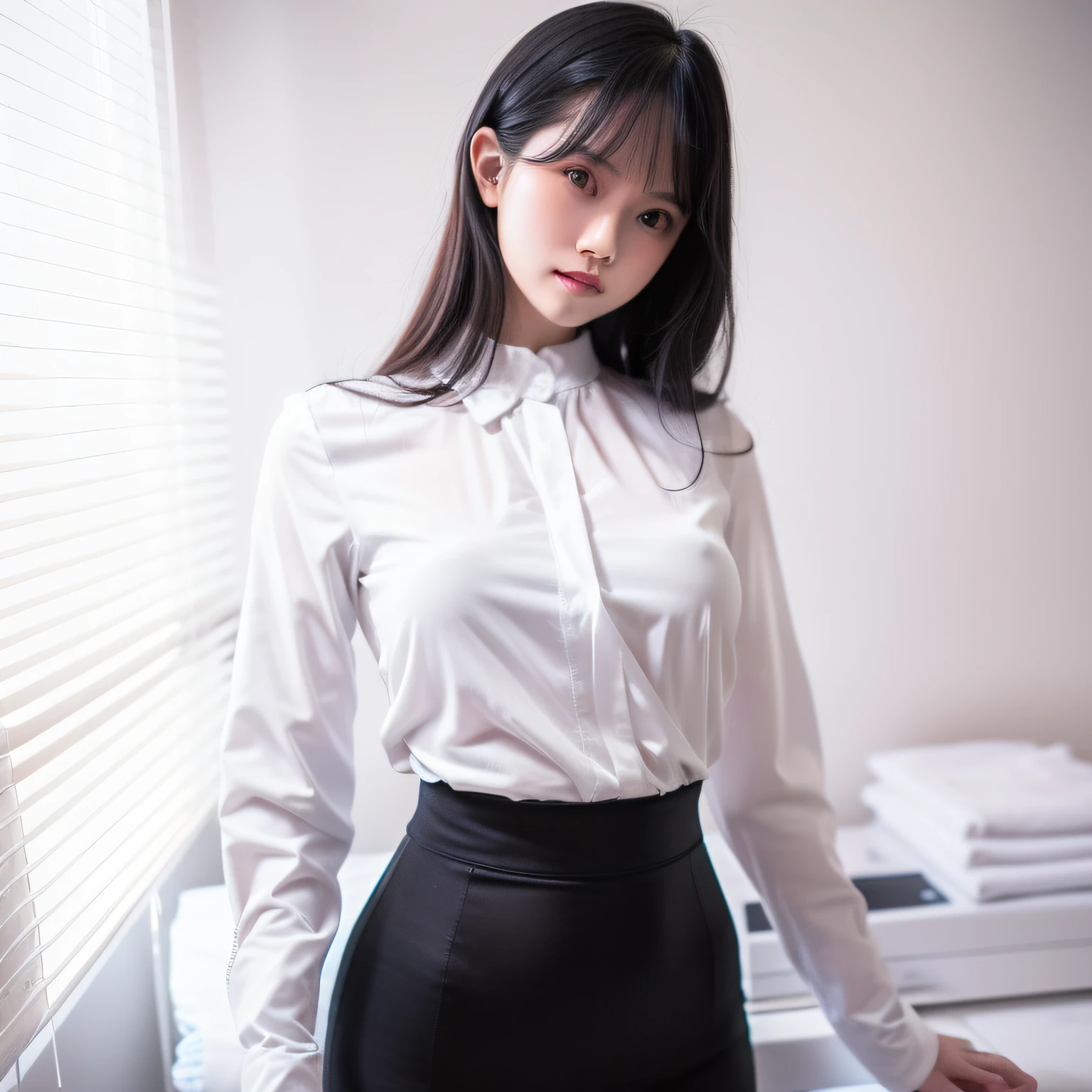 araffed asian woman in a skirt and white shirt posing for a picture, wearing a blouse, wearing white shirt, fine white shirt, wearing in shirt, clothed in white shirt, wearing a white button up shirt, wearing a white shirt, open shirt, wearing a white blouse, white blouse, wearing a light shirt, wearing tight simple clothes, white shirt