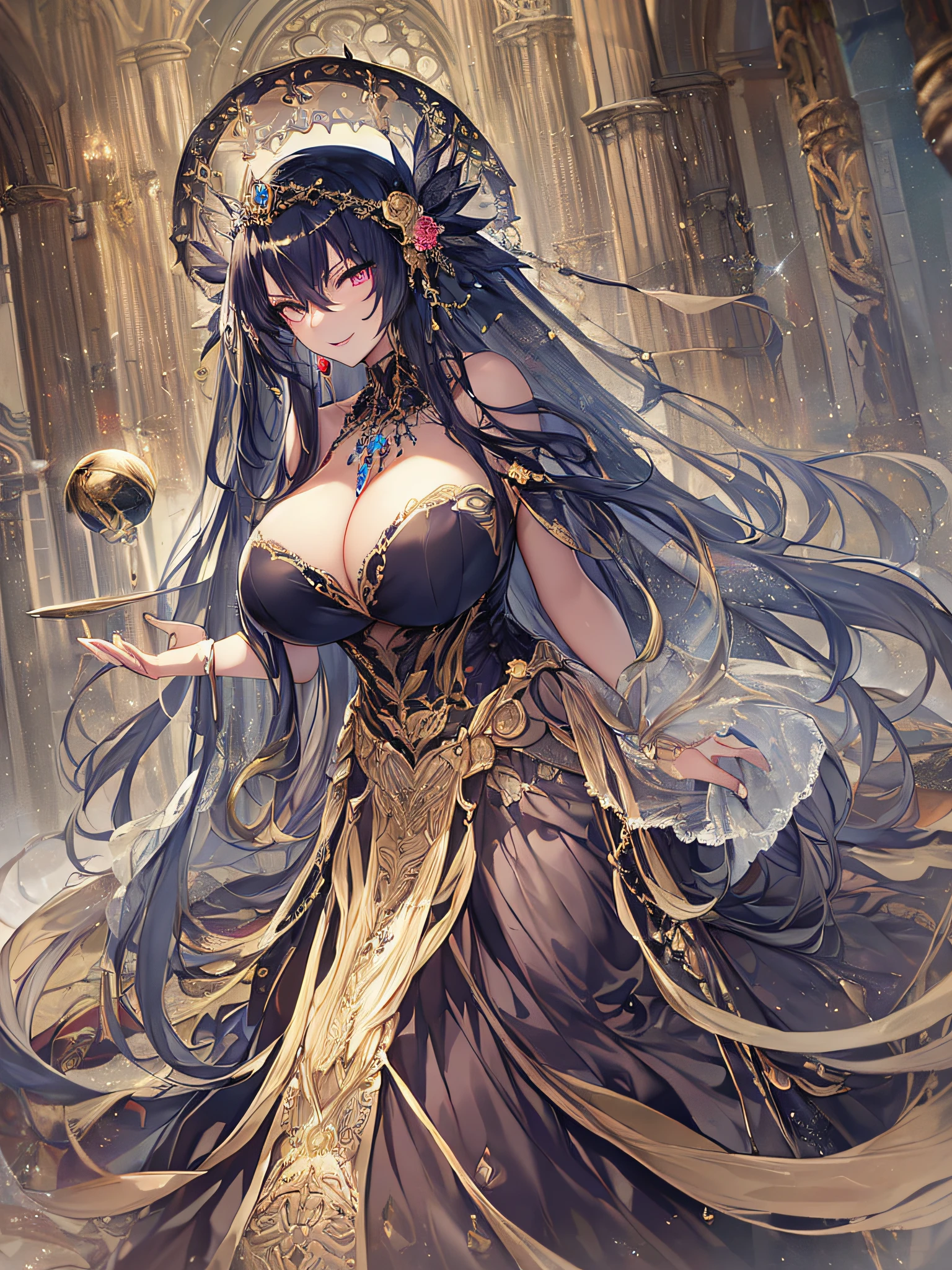 ((anime artstyle)),(Masterpiece),(Best Quality), (Super Detail),((Very Delicate and Beautiful)),Focus on character,Dynamic Angle,Looking at viewer,((Solo)),standing,(((full body))),((one evil and cute princess in gorgeous ball gown with voluminous skirt)),detailed face and eyes,(Wicked laugh),jewel-like eyes,((Very Long voluminous Hair)),gorgeous embroidery and lace,See-through,ornate ruffles,Gorgeous jewelry ornaments,luxury hair ornament,luxury and evil tiara with jewels,(gigantic breasts,Long breasts),full body,(((evil and dark atmosphere))),full body,((gorgeous ball gown with voluminous skirt))