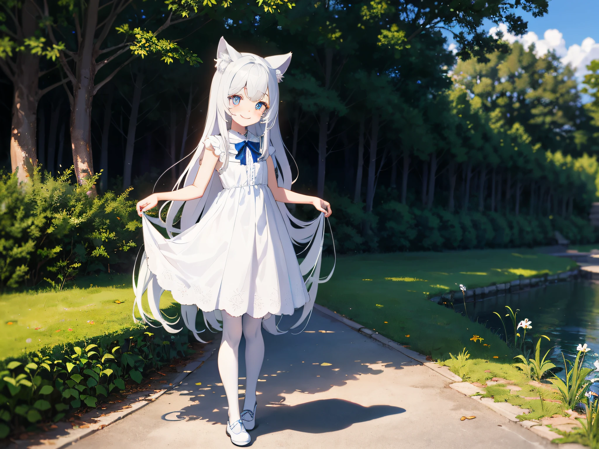134 cm tall, blue and white pupils, wolf ears on the head, small short hands white tender, white long hair, 7-year-old wearing purely blue dress, white stockings. She was smiling cheerfully. Full body. Solo.