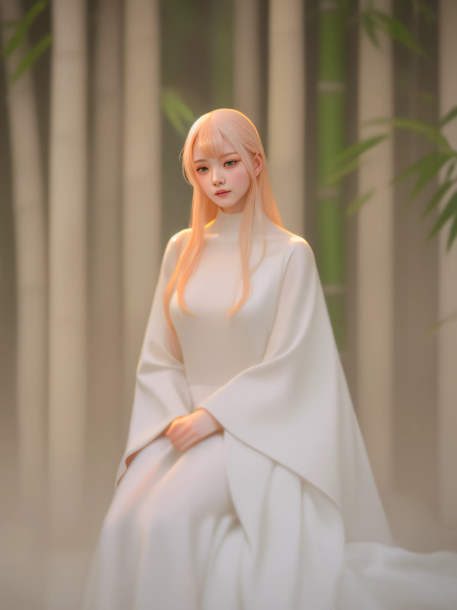 arafed woman in white dress sitting in front of bamboo poles, yuri shwedoff and tom bagshaw, portrait of albino mystic, inspired by Hsiao-Ron Cheng, jingna zhang, by Russell Dongjun Lu, inspired by Yanjun Cheng, inspired by Russell Dongjun Lu, a stunning young ethereal figure, a still of an ethereal