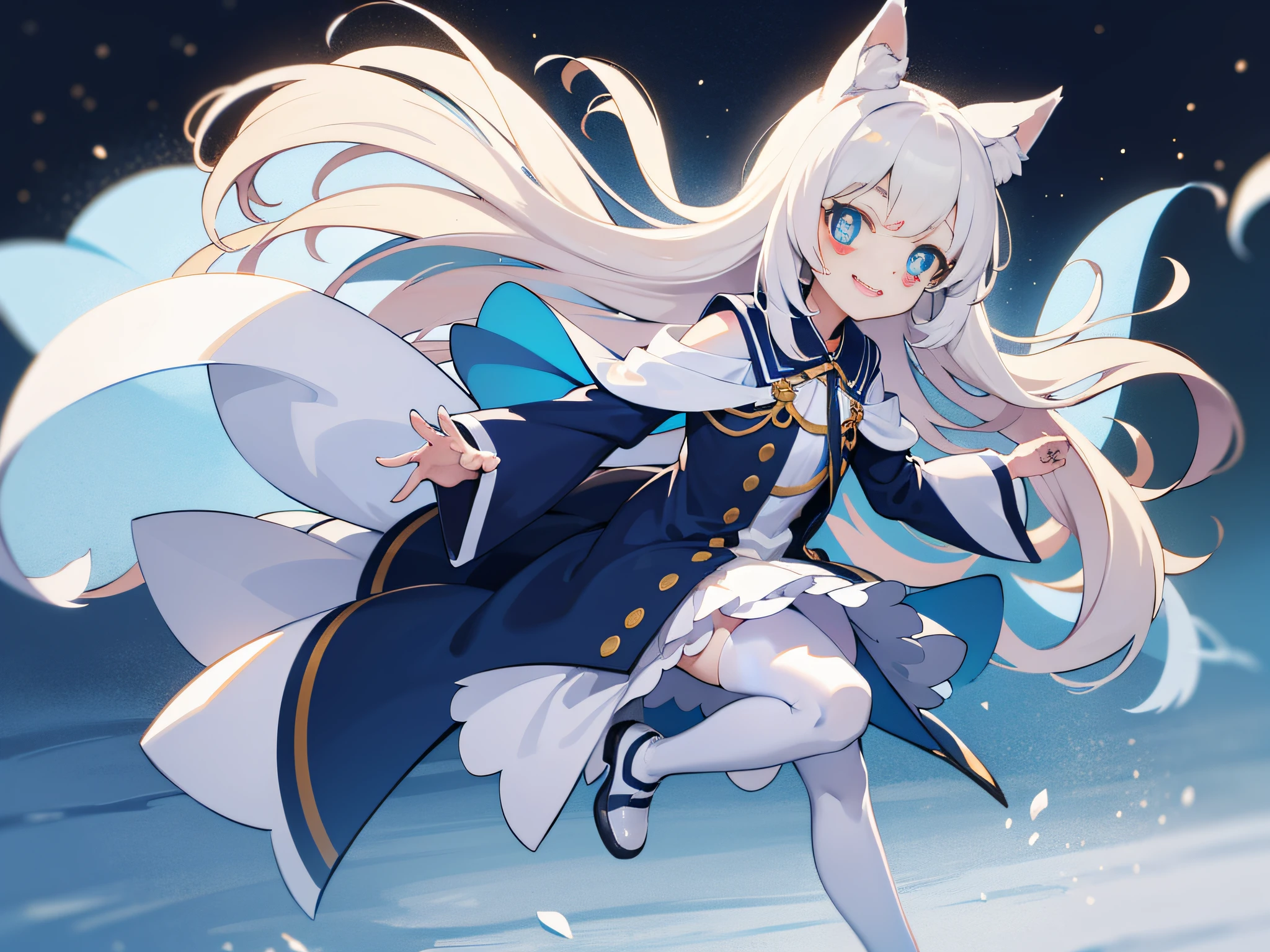 134 cm tall, blue and white pupils, wolf ears on the head, small short hands white tender, white long hair, 7-year-old loli wearing purely blue dress, white stockings. She was smiling cheerfully. Full body. Solo.