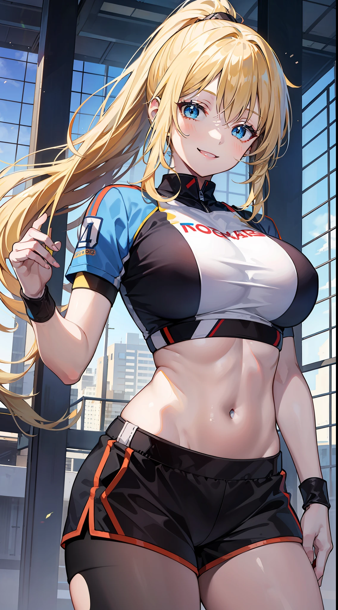 Young girl, long blonde hair, high ponytail, blue eyes, sports top, shorts, big breasts, smile, karambit, masterpiece, high quality