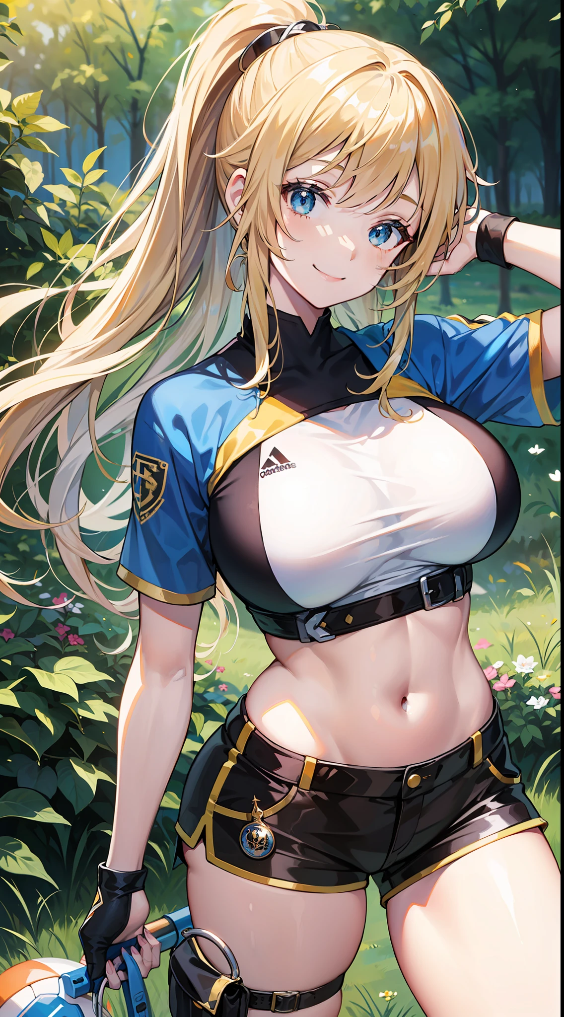 Young girl, long blonde hair, high ponytail, blue eyes, sports top, shorts, big breasts, smile, karambit, masterpiece, high quality