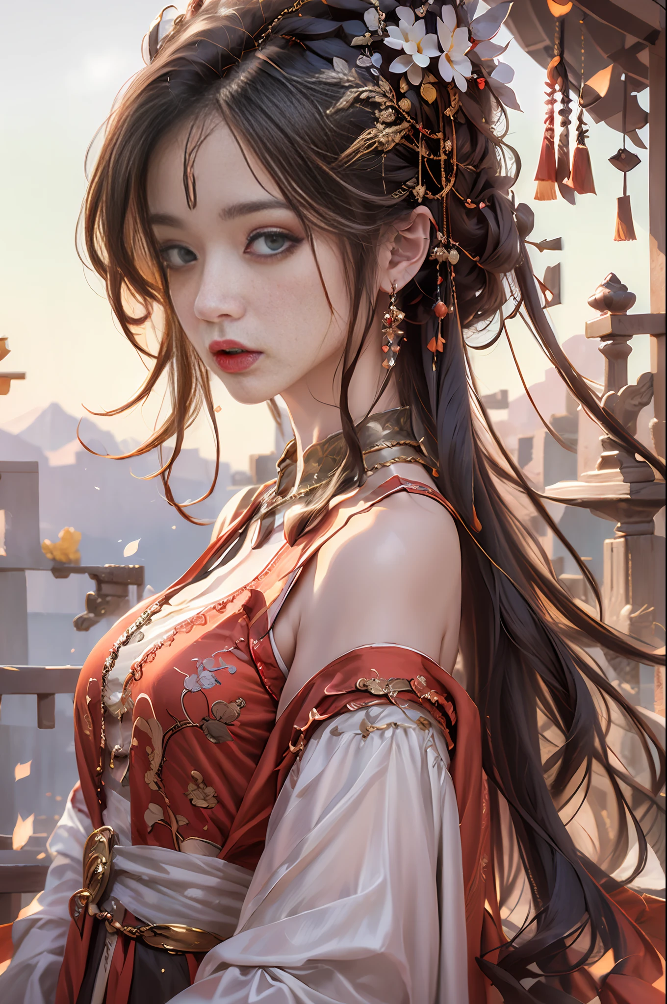 (Masterpiece, Monochrome, Color: 1.0), (Highest quality: 1.2), Green antique dress, purple eyeshadow, lens-facing, frontal bust photo, (Ultra High Quality: 1.1), Masterpiece, Best Quality, Dream Background, Gorgeous Headgear, Award-Winning Artwork, (Very Detailed CG Unity 8k Wallpaper), (High Detail), (Best Illustration), (Best Shadow), Realistic lighting, costume for girls, portrait of girls, gauze dress, jewelry, red lips, beauty, big eyes golden sea of clouds, surrounded by mountains, Classic Antique Girl, Film Lighting, Best Quality, 4K