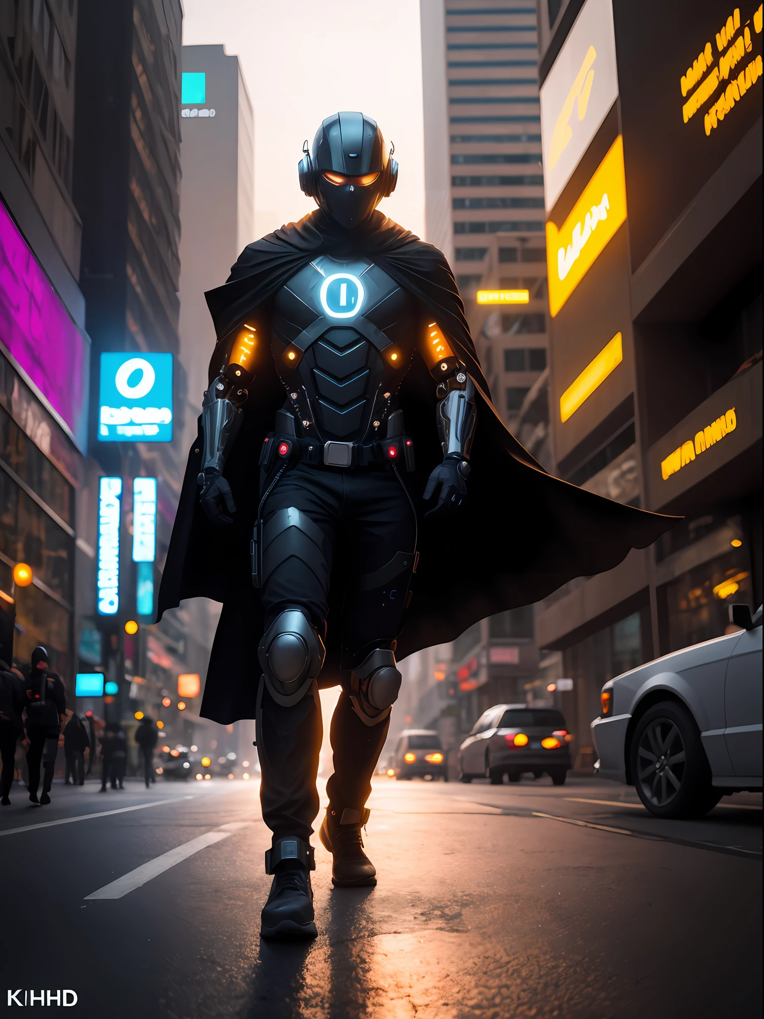 Masterpiece, a cybernetic mercenary with a custom wrist blaster, wearing a black tactical cape and a futuristic helmet, as he moves through the busy streets of a dusty megalopolis, filled with holographic ads of cyber companies and gangs, cyberpunk aesthetics, action movie shot by Kon Satoshi, very detailed lighting, dramatic, trending digital art in Artstation 8k HD of realistic detailed high definition, detailed, skin texture, hyper detailed, realistic skin texture, armor, best quality, ultra high res, (photorealistic: 1.4), high resolution, detailed, Raw photo, Sharp Re, by Lee Jeffries Nikon D850 Film Stock Photography 4 Kodak Portra 400 Camera F1.6 Lens Rich Colors Hyper Realistic Realistic texture Dramatic lighting UnrealEngine trend in ArtStation Cinestill 800