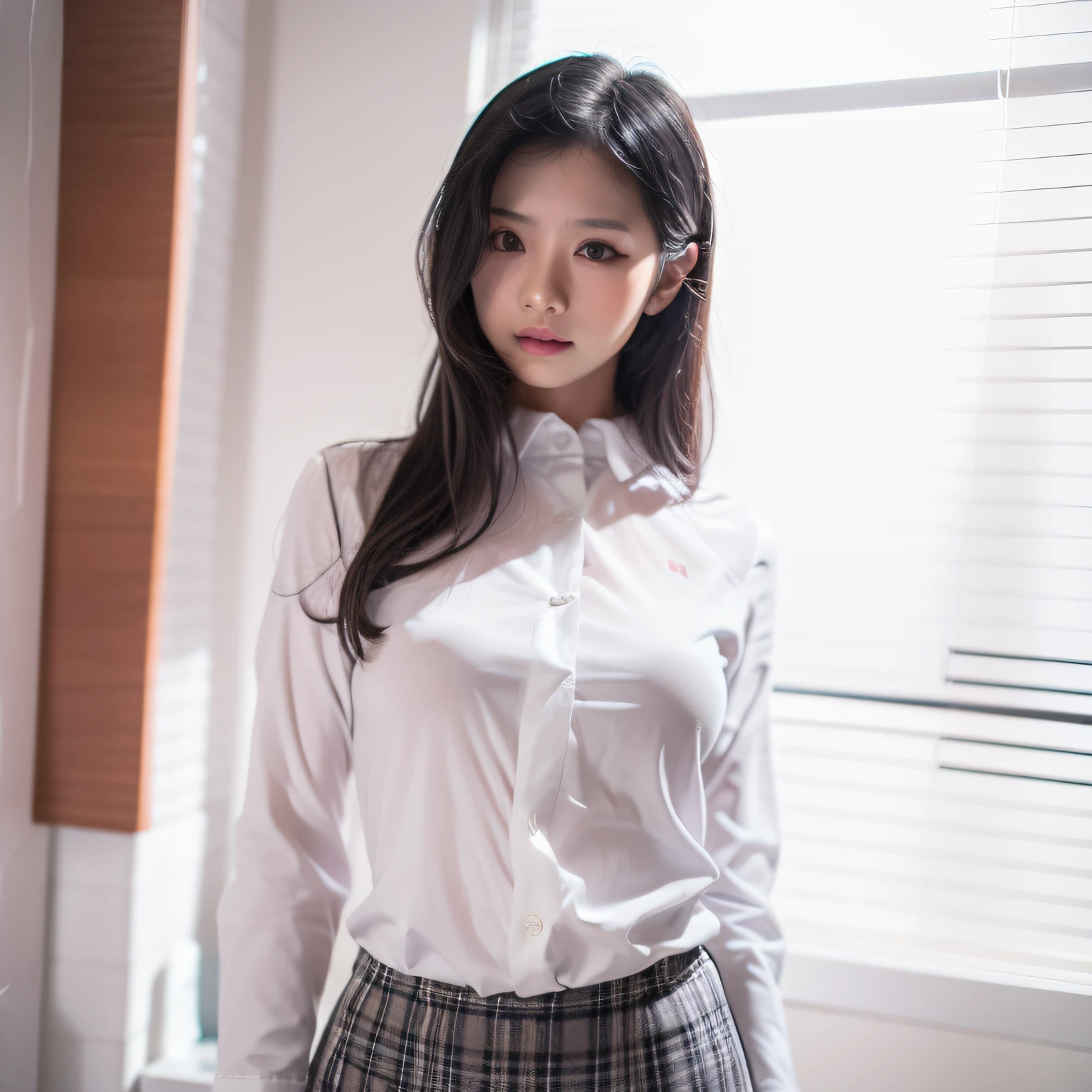 araffed asian woman in a skirt and white shirt posing for a picture, wearing a blouse, wearing white shirt, fine white shirt, wearing in shirt, clothed in white shirt, wearing a white button up shirt, wearing a white shirt, open shirt, wearing a white blouse, white blouse, wearing a light shirt, wearing tight simple clothes, white shirt