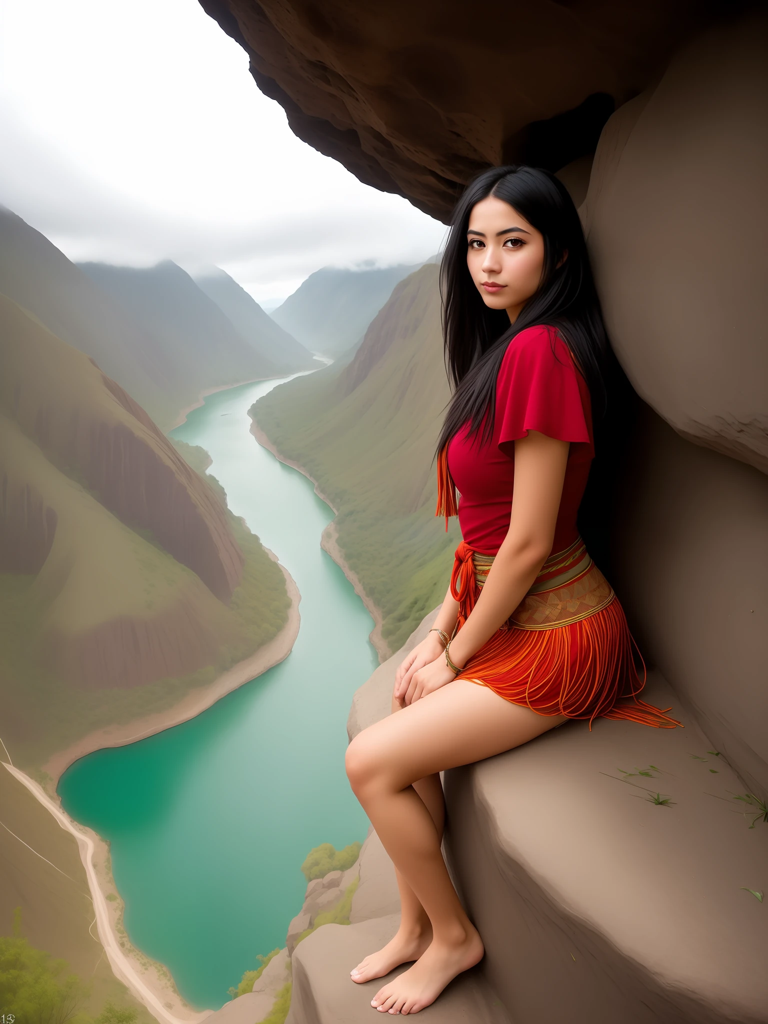 ((realistic: 1.5)),((best quality)), ((masterpiece)),((detailed)), (1 Peruvian girl), {a beautiful Inca woman wearing, (upper body: 1.3), { fully dressed in traditional Inca dress, super wide angle lens, facial focus, mature, sexy, toned muscles, long legs, curves, barefoot, full Inca costume, thick thighs, wide hips, thin legs, dark eyes, long black hair, floating hair, long eyelashes, (detailed face, beautiful eye, detailed pupils, detailed features of Inca clothing, light background: 1.3), mysterious ancient Inca ruin, lush forests, deep canyons, bridge, river, cliff, cloud, lakes, rock, waterfalls, flowers, grass, fog, vine, tree, smoke, best shadow, bright details, sharp, perfect composition, intricate, sharp focus, dramatic, (specular lighting: 1.3), edge light, Inca landscape, fully clothed,