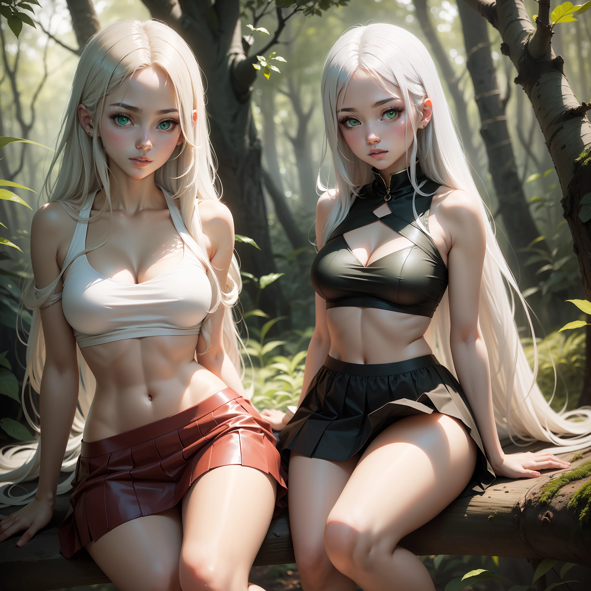 Long white hair anime, short skirt, sexy, sitting in the forest, medium breasts, high definition art, defined green eyes, defined body, --auto